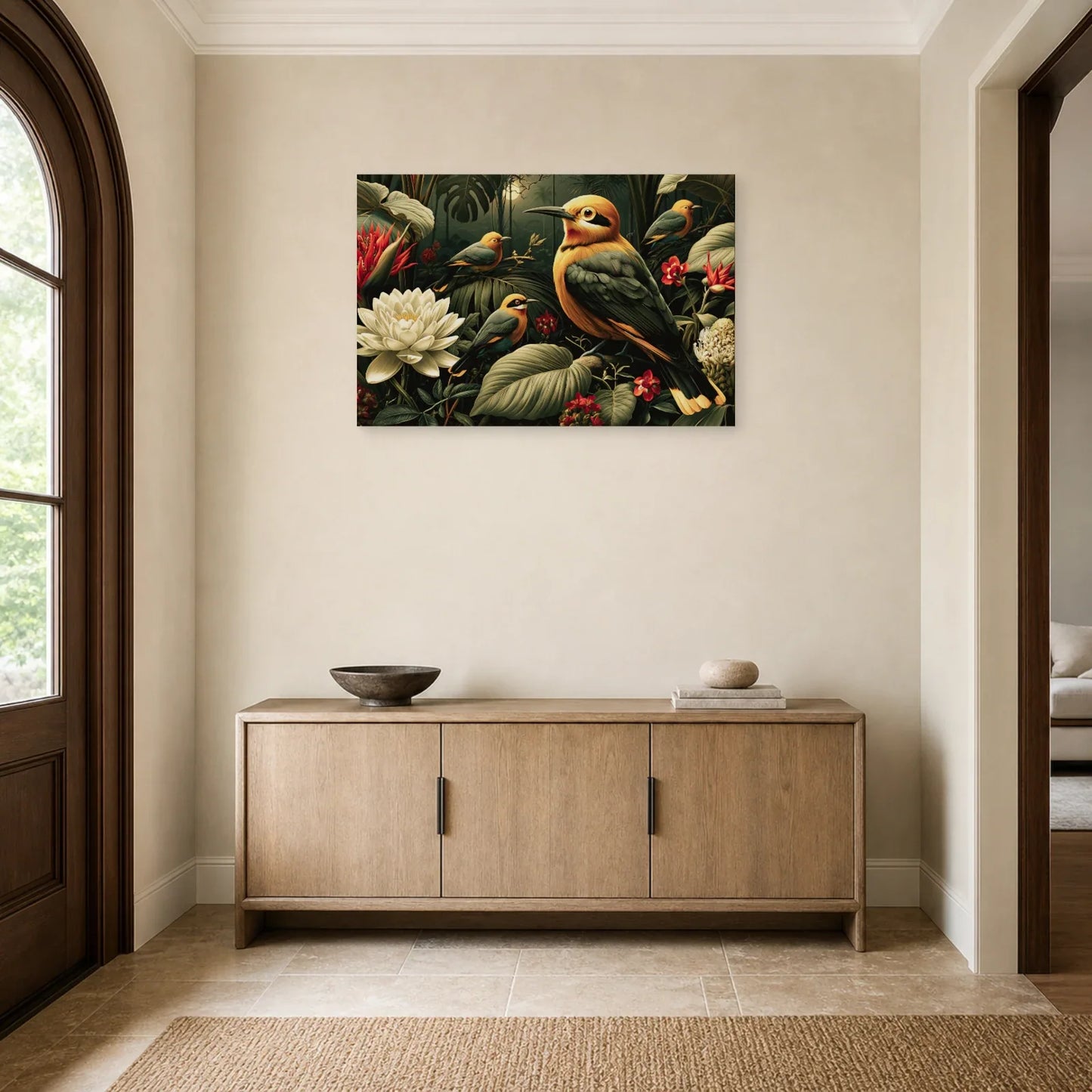 Tableau Jungle Oiseaux Exotiques Nuit dans une entree ou un couloir decore