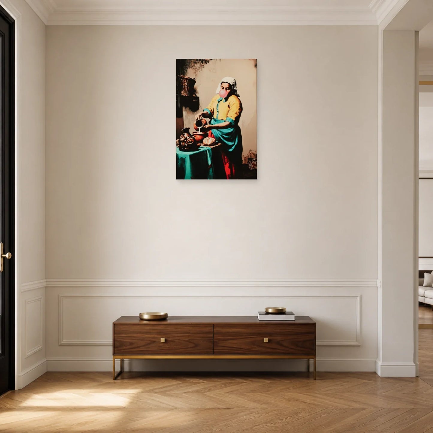 Tableau La Laitière au chewing-gum accroché dans une entrée