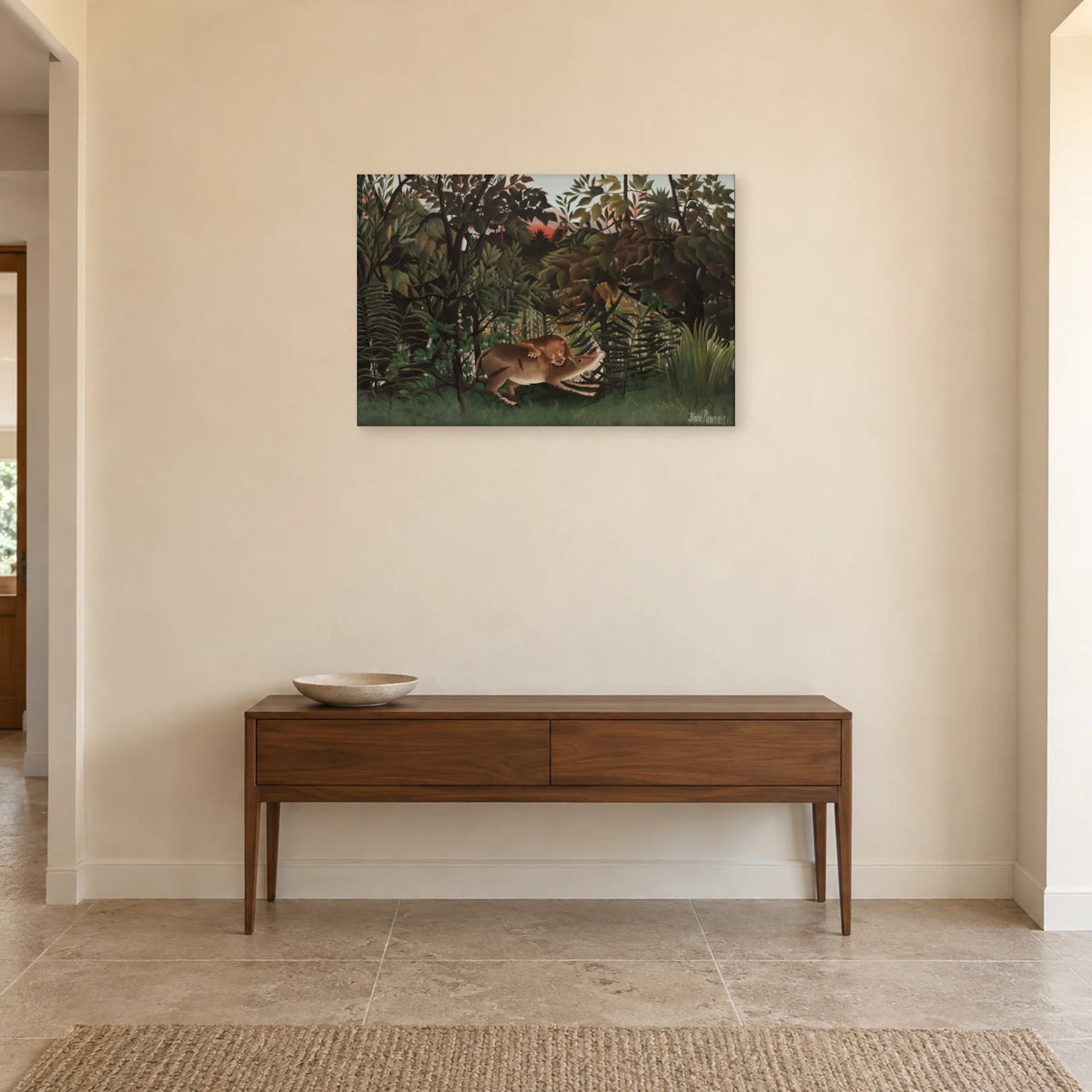 Tableau Le Lion ayant faim se jette sur l’antilope – Henri Rousseau dans une entrée ou un couloir - Art Virtuoso