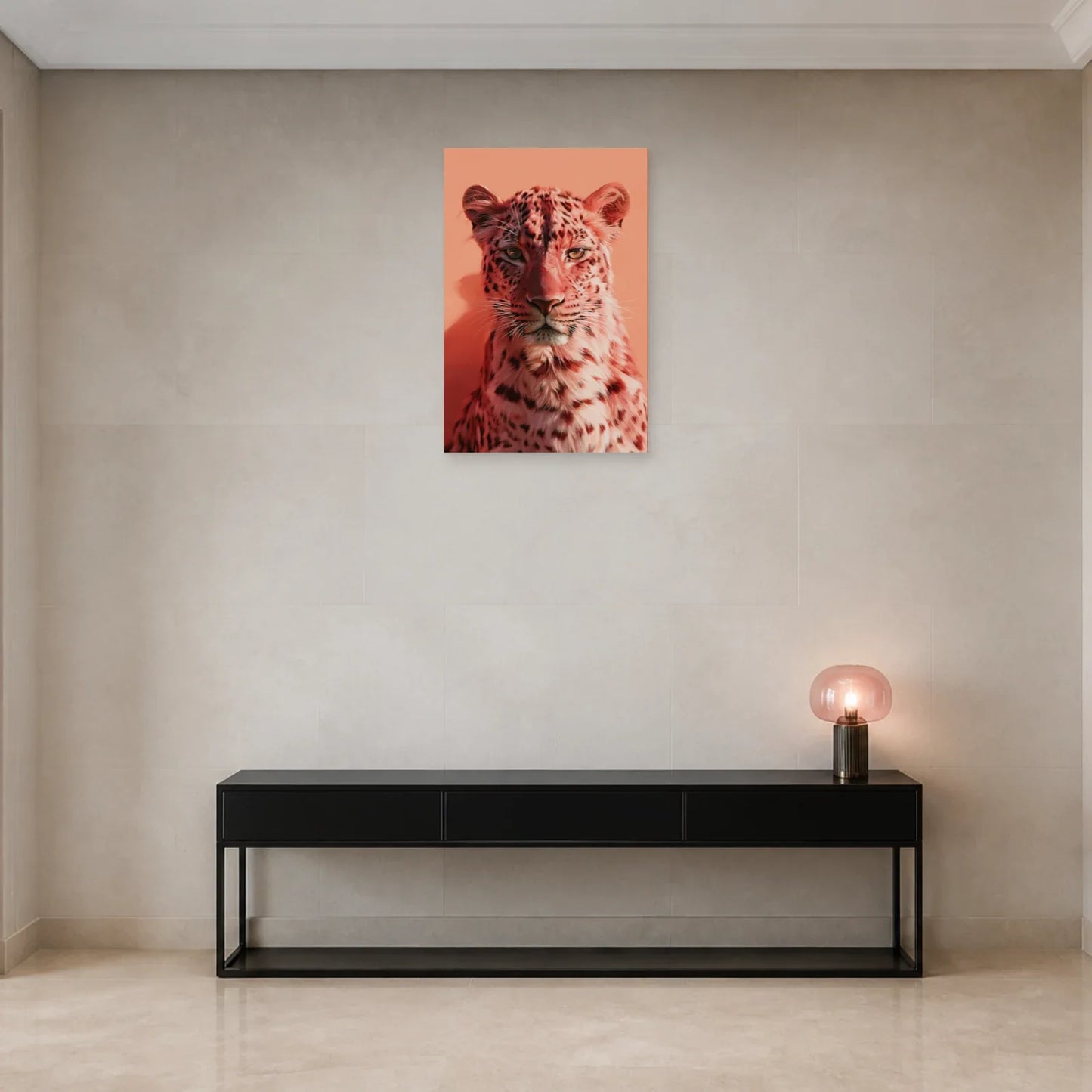 Tableau Léopard Rose présenté dans une entrée - Art Virtuoso
