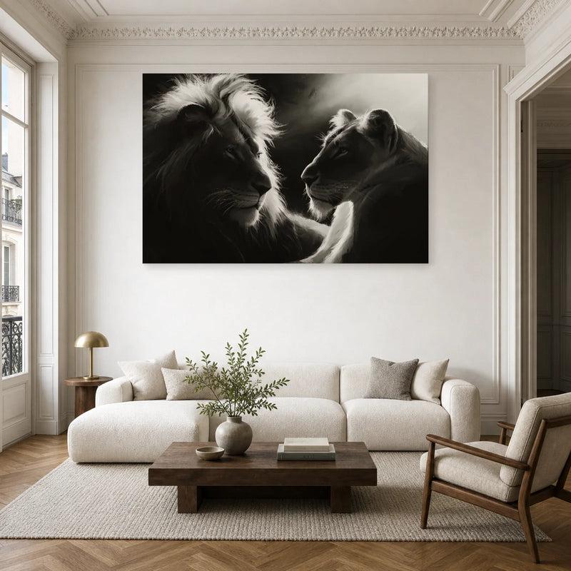 Schwarzweißbild von Löwe und Löwin über einem Sofa