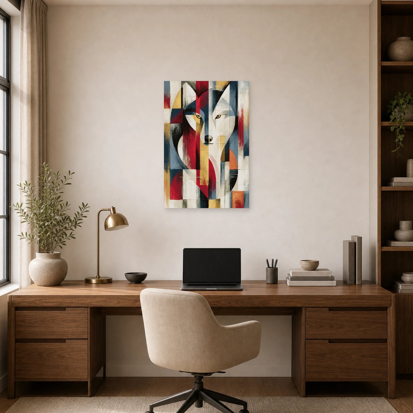 Mockup WebP Tableau Loup Abstrait Eclats Graphique dans un bureau - Art Virtuoso