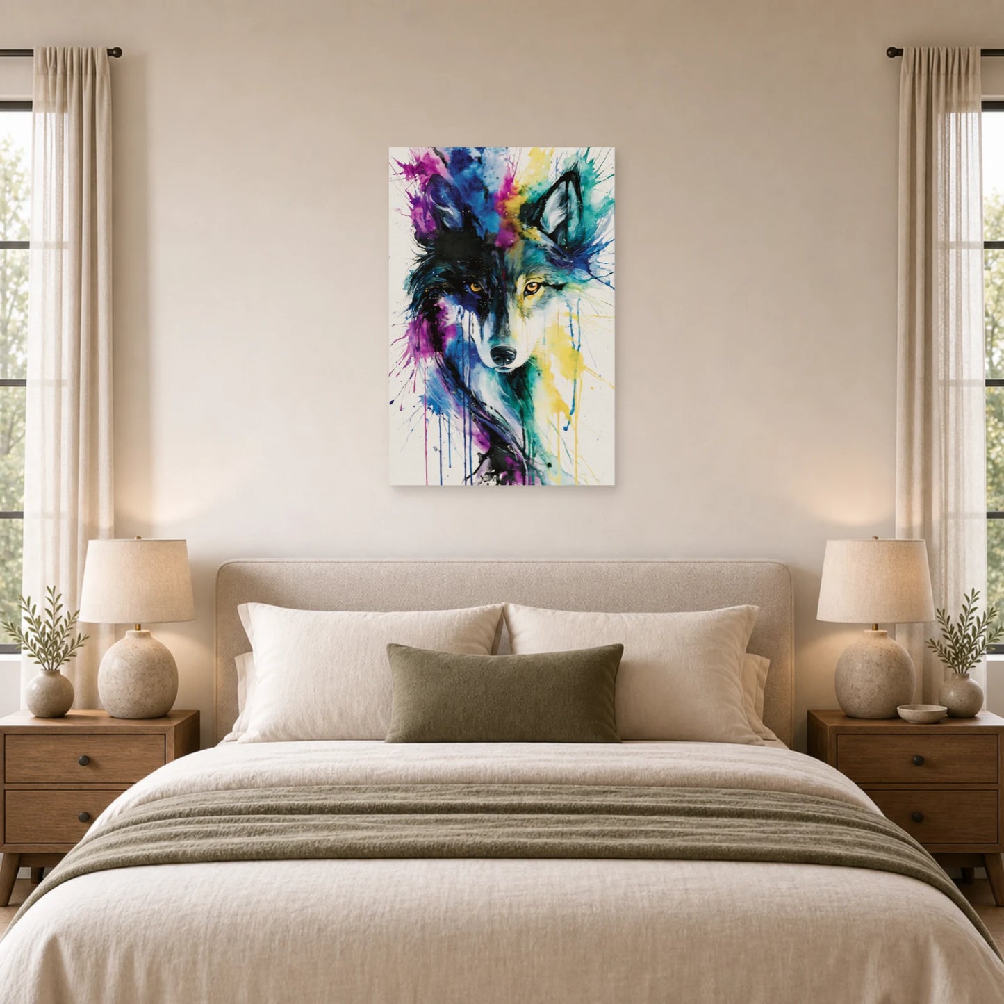 Mockup WebP Tableau Loup Aquarelle Eclats Couleur dans une chambre - Art Virtuoso