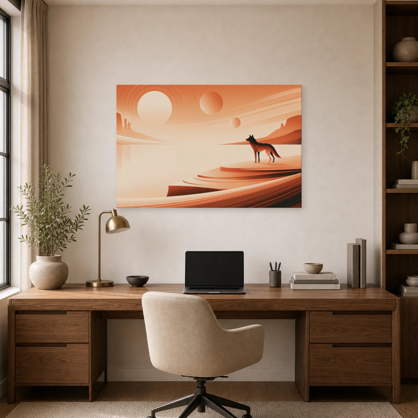 Mockup WebP Tableau Loup Terracotta Coucher Soleil dans un bureau - Art Virtuoso