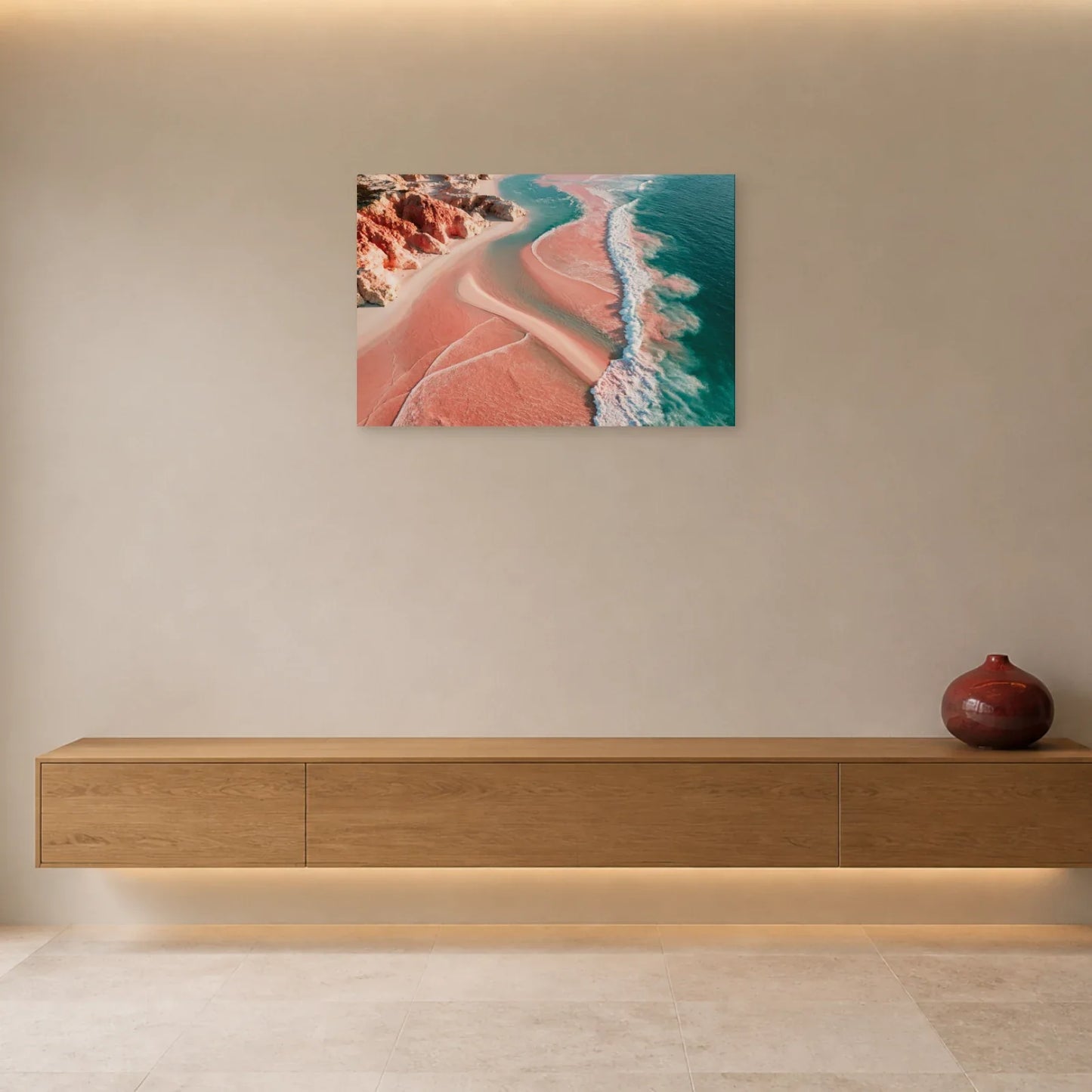 Tableau Mer Rose présenté dans une entrée - Art Virtuoso