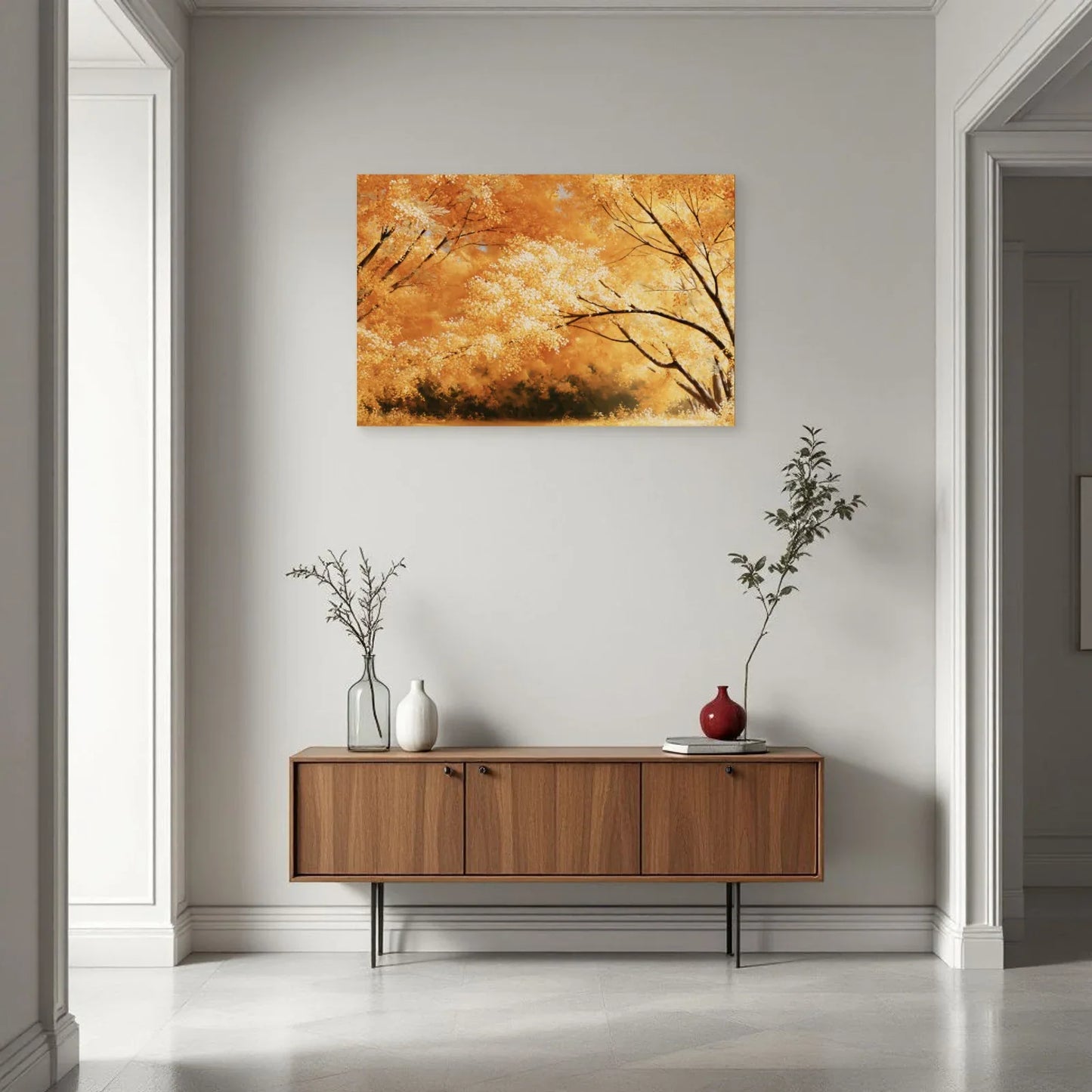 Tableau horizontal de floraison jaune présenté dans une entrée accueillante par Art Virtuoso