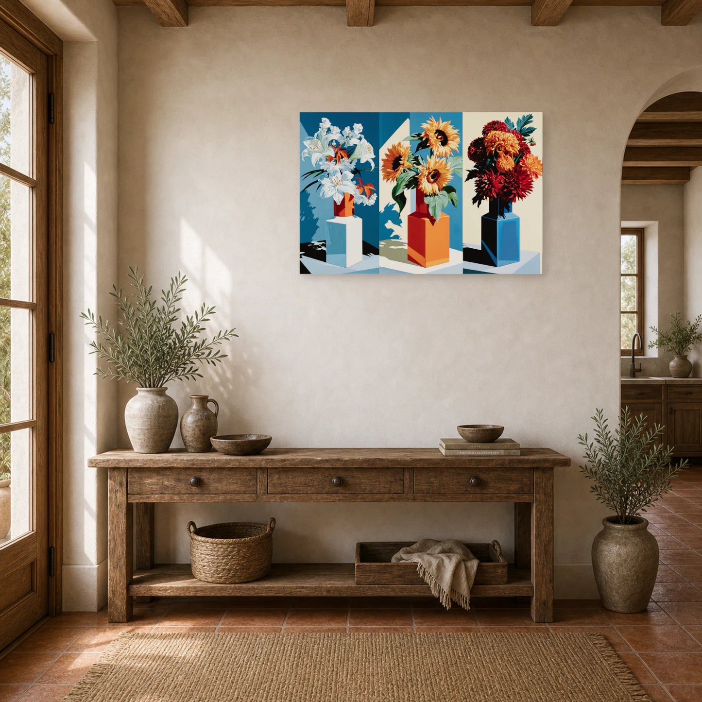 Tableau Nature Morte Triptyque Bouquet Saisons dans une entree ou un couloir - Art Virtuoso