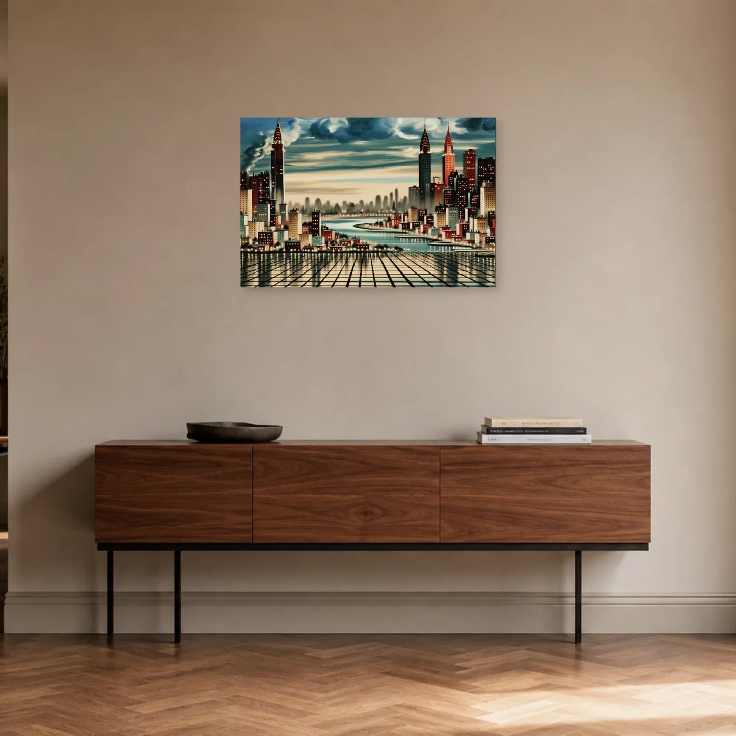 Tableau de ville bleu pétrole présenté dans une entrée