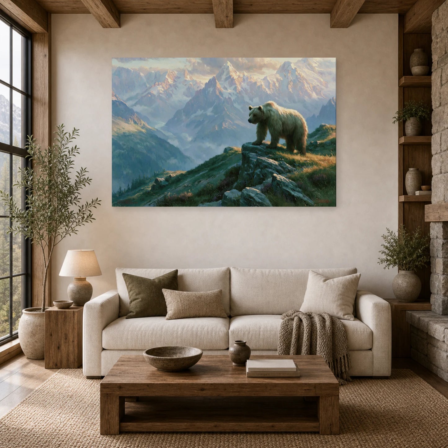 Mockup WebP Tableau Ours Brun Montagne dans un salon - Art Virtuoso