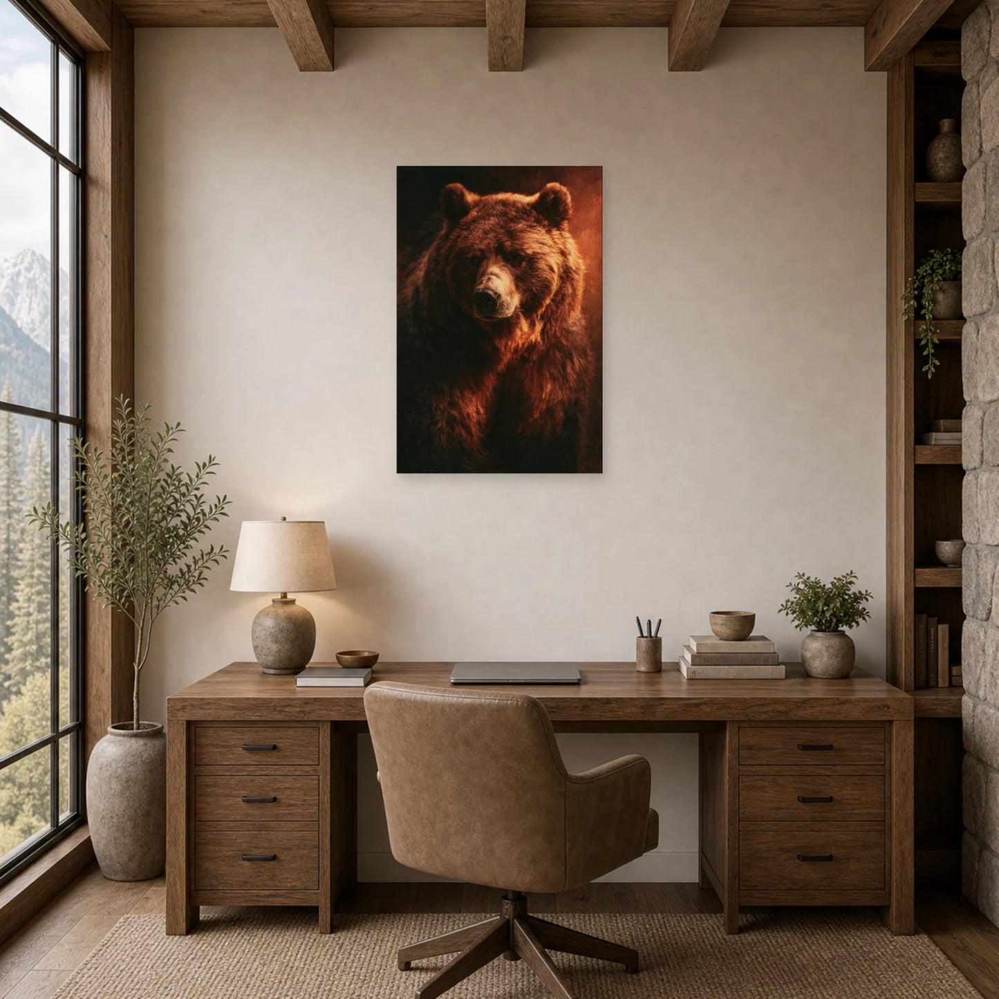 Mockup WebP Tableau Ours Brun Peinture Huile dans un bureau - Art Virtuoso