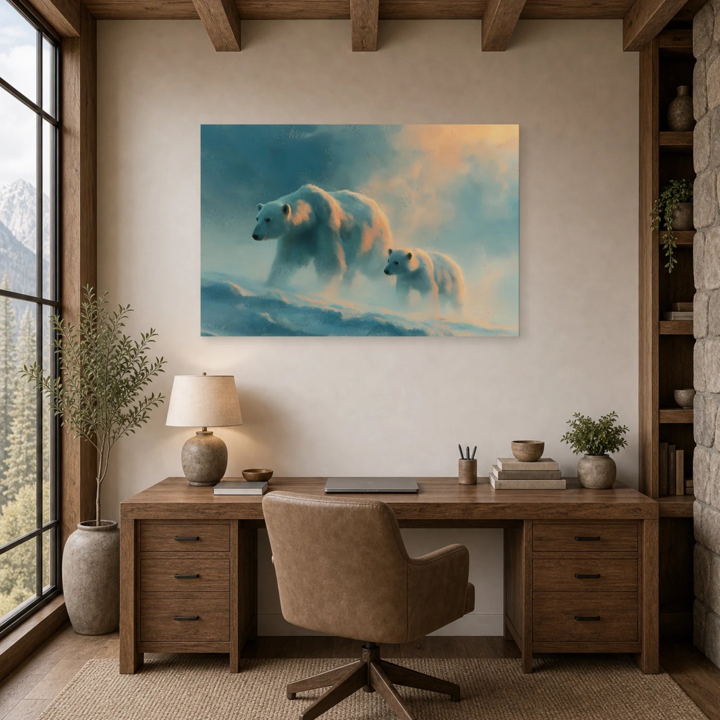 Mockup WebP Tableau Ours Polaire Mere Et Ourson dans un bureau - Art Virtuoso