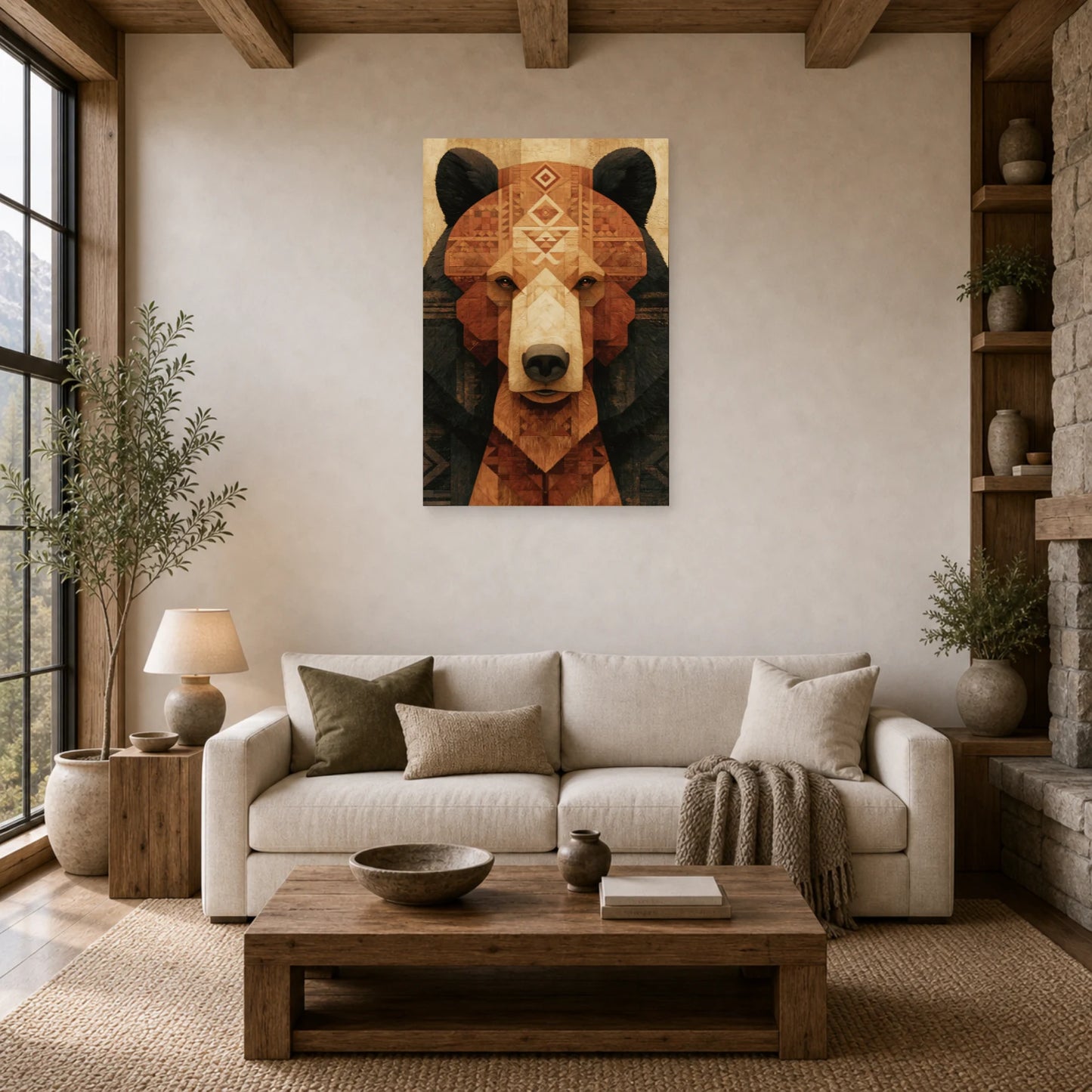 Mockup WebP Tableau Ours Tribal Totem dans un salon - Art Virtuoso