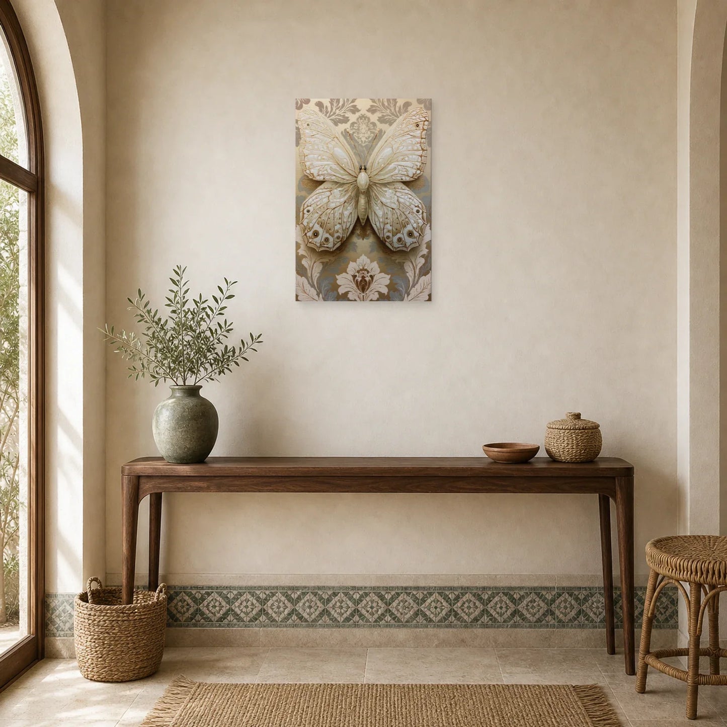 Tableau papillon ivoire et or avec effet relief décoratif dans une entrée ou un couloir décoré