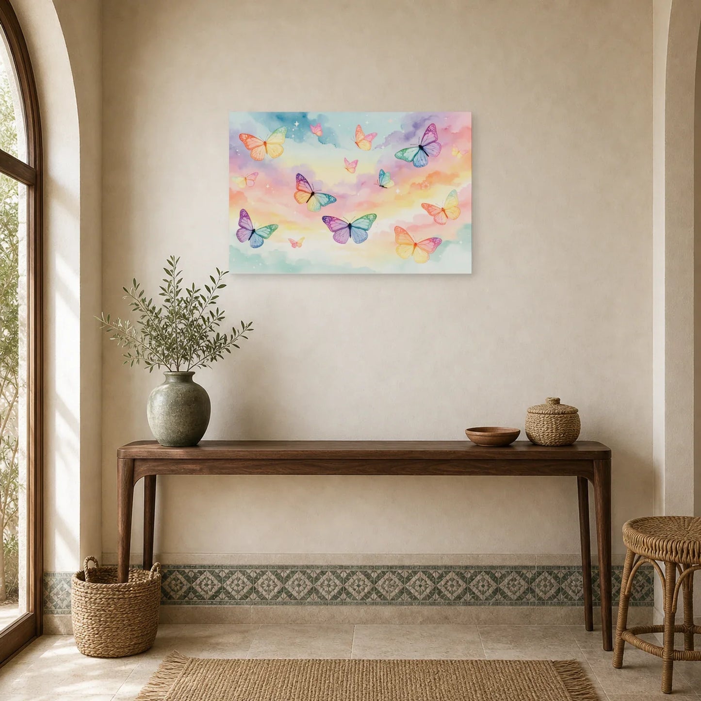 Tableau papillons pastel arc-en-ciel sur ciel doux dans une entrée ou un couloir décoré