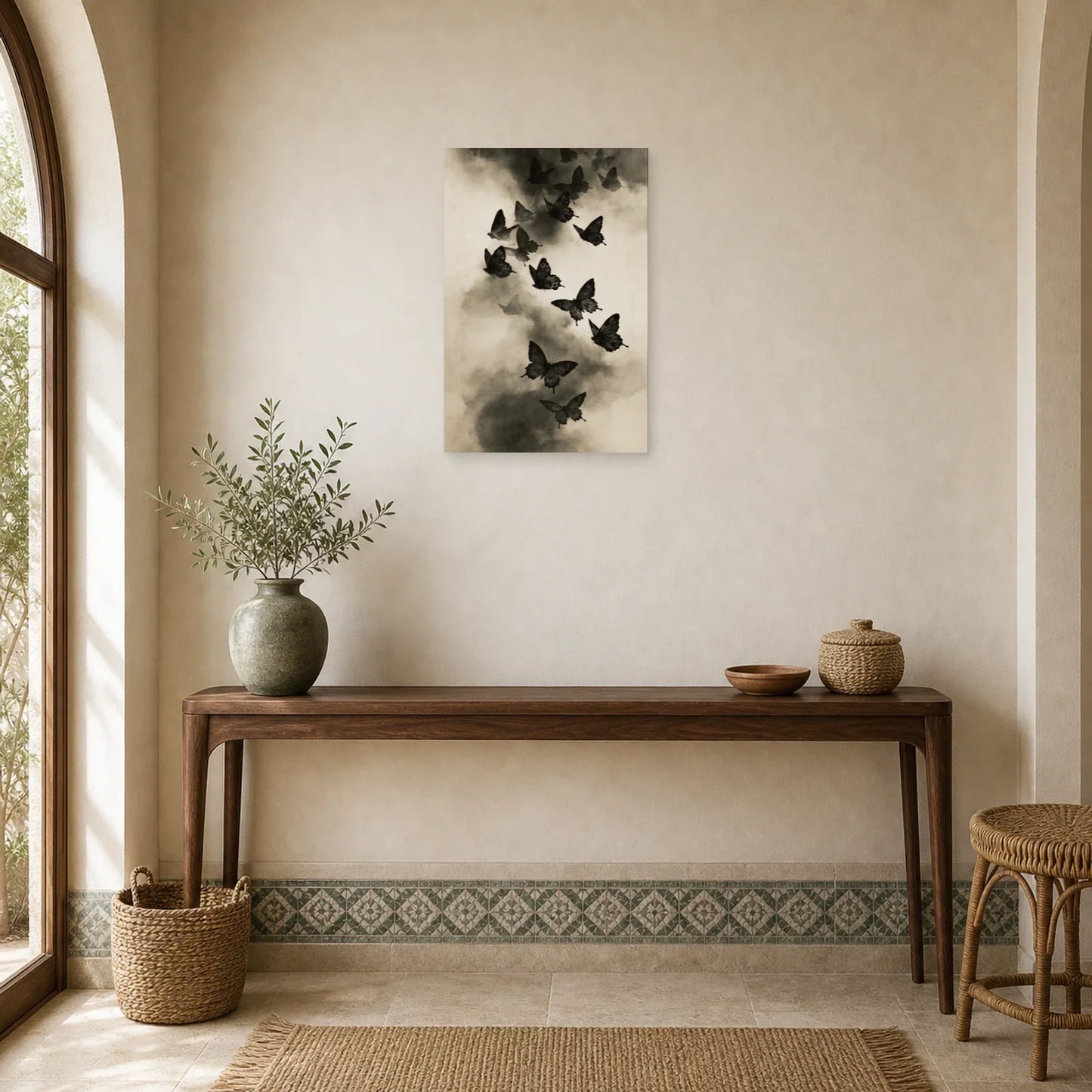 Tableau envol de papillons noirs et blancs dans la brume dans une entrée ou un couloir décoré