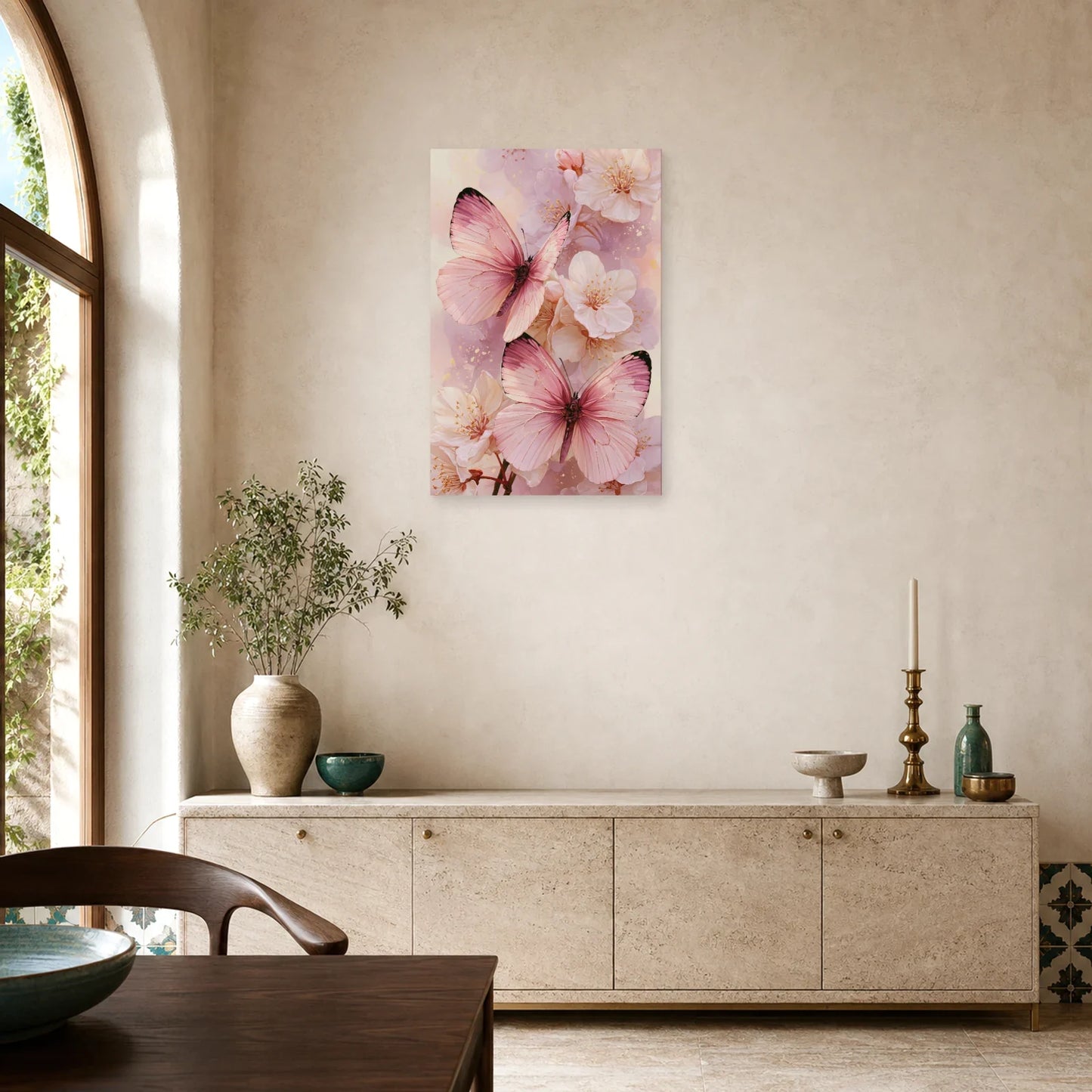 Tableau papillons roses en aquarelle avec fleurs poudrées dans une salle à manger lumineuse