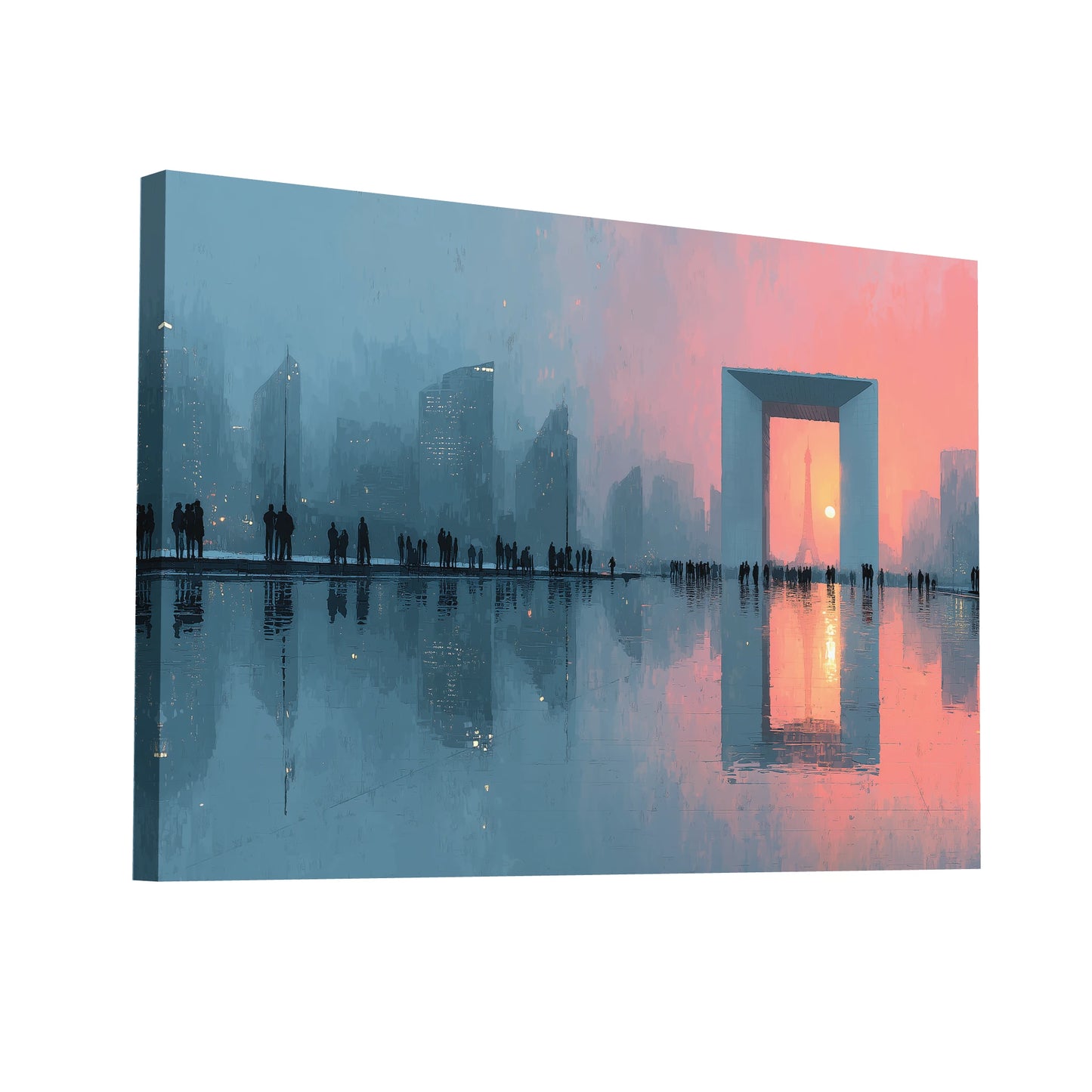 Product Hero 3D WebP Tableau Paris Skyline – Crépuscule entre Arche et Tour Eiffel - Art Virtuoso