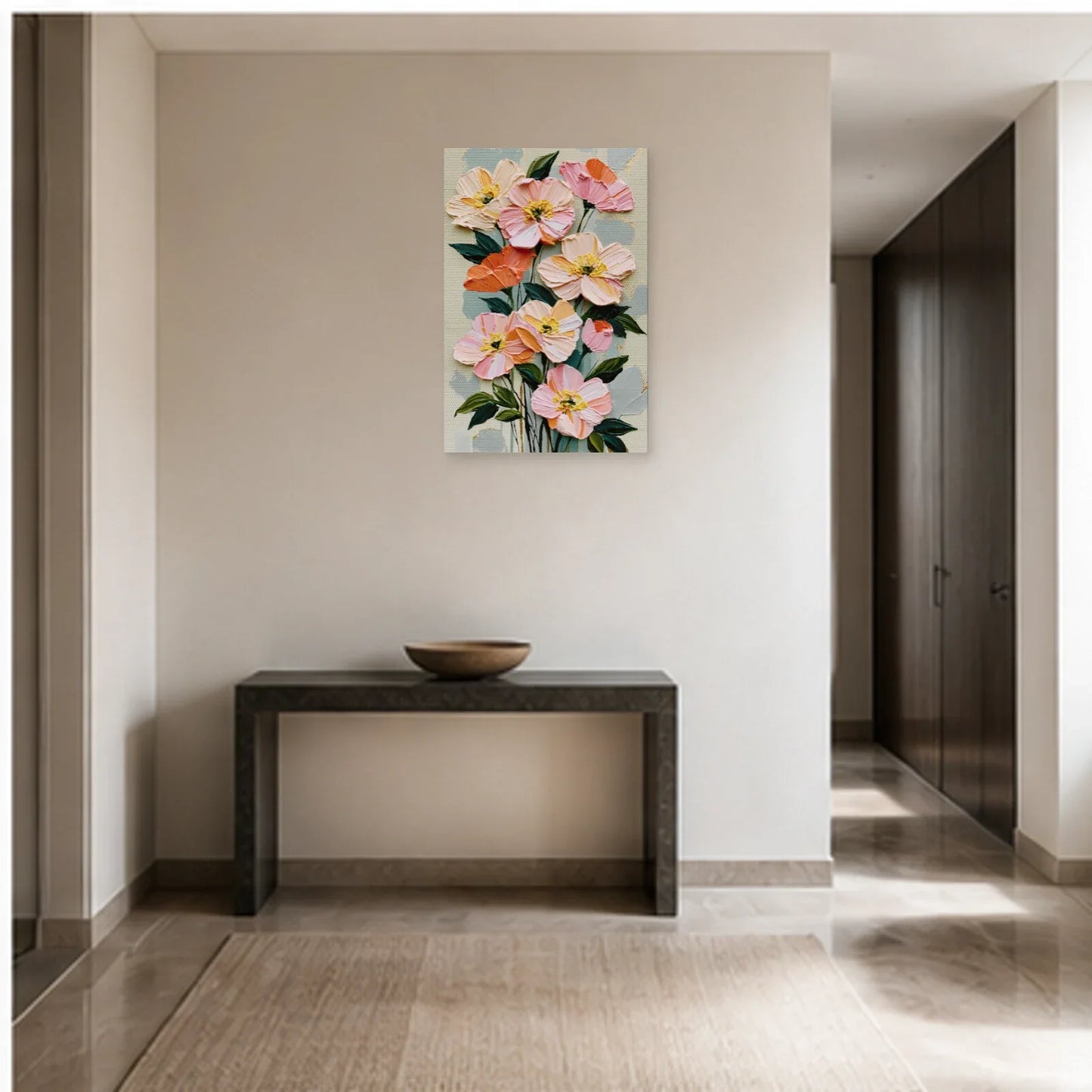 Tableau Peinture à l'Huile Fleurs Moderne - Bouquet en Relief dans une entrée ou un couloir - Art Virtuoso