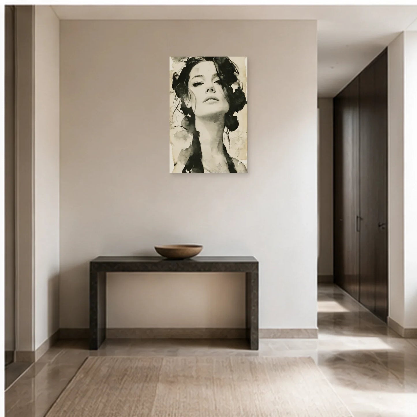 Tableau Poster Femme Noir et Blanc - Regard Graphique dans une entrée ou un couloir - Art Virtuoso