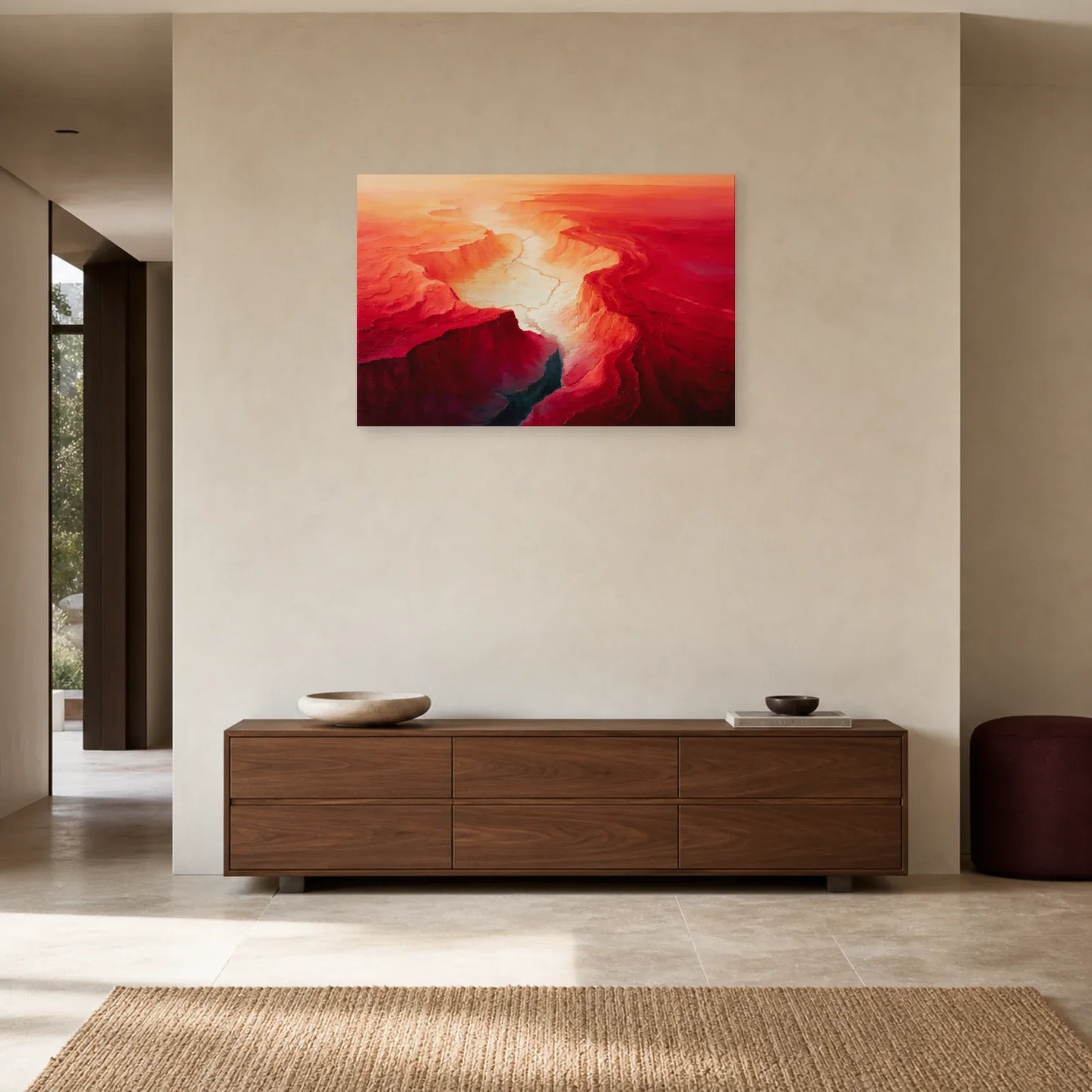 Tableau Abstrait Rouge Topographique - Bassin Cramoisi dans une entrée ou un couloir - Art Virtuoso
