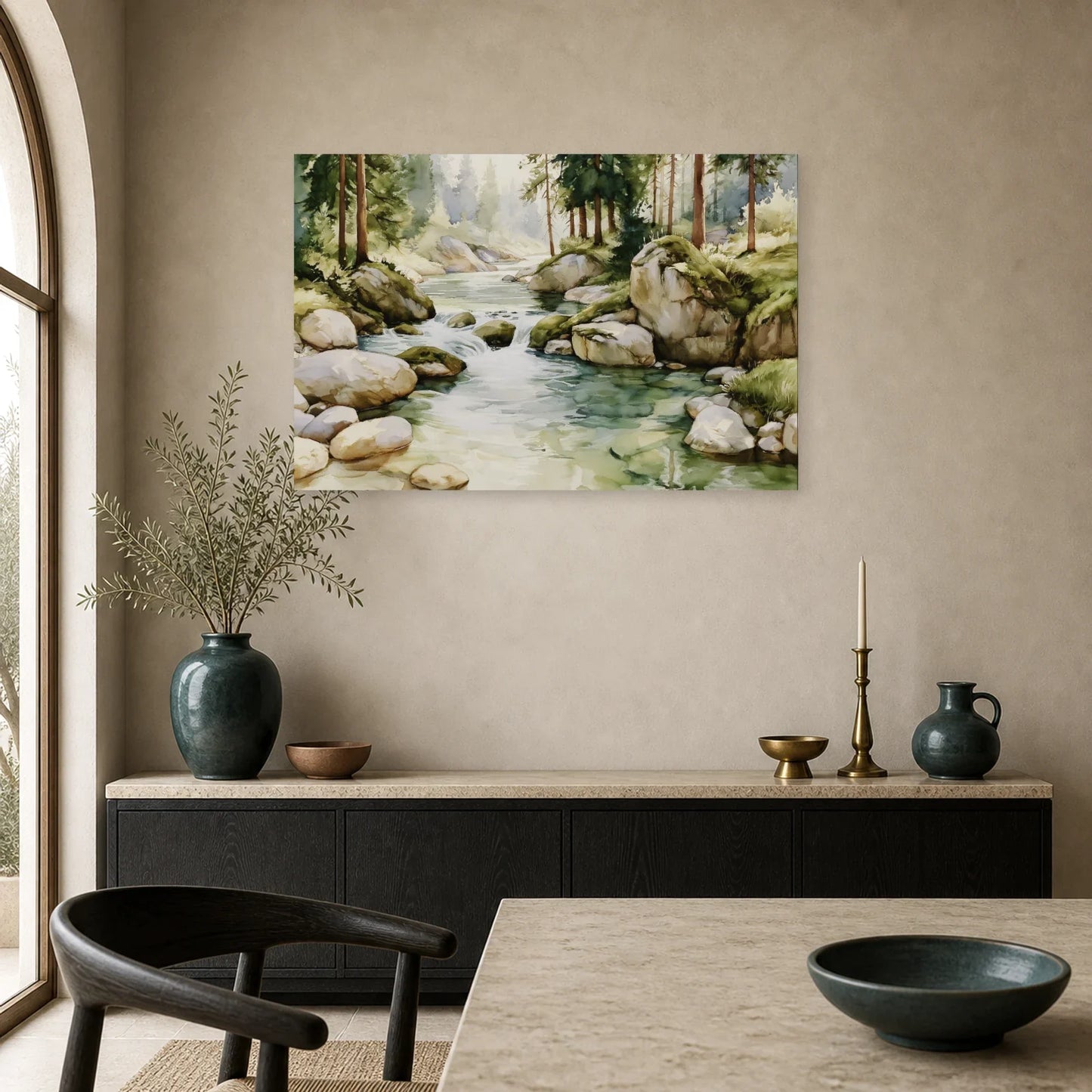 Tableau Rivière Forêt Peinture - Courant Vert dans une cuisine - Art Virtuoso