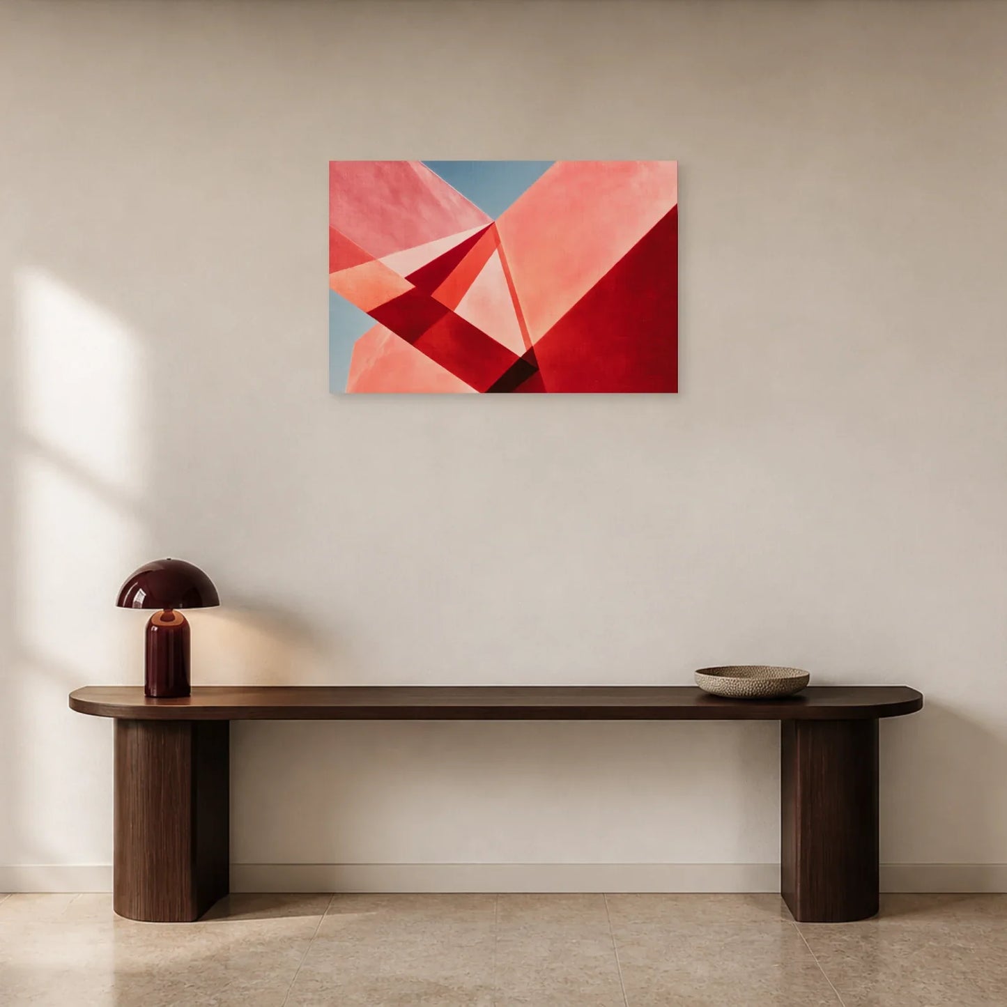 Tableau Rose et Violet Prismes présenté dans une entrée - Art Virtuoso