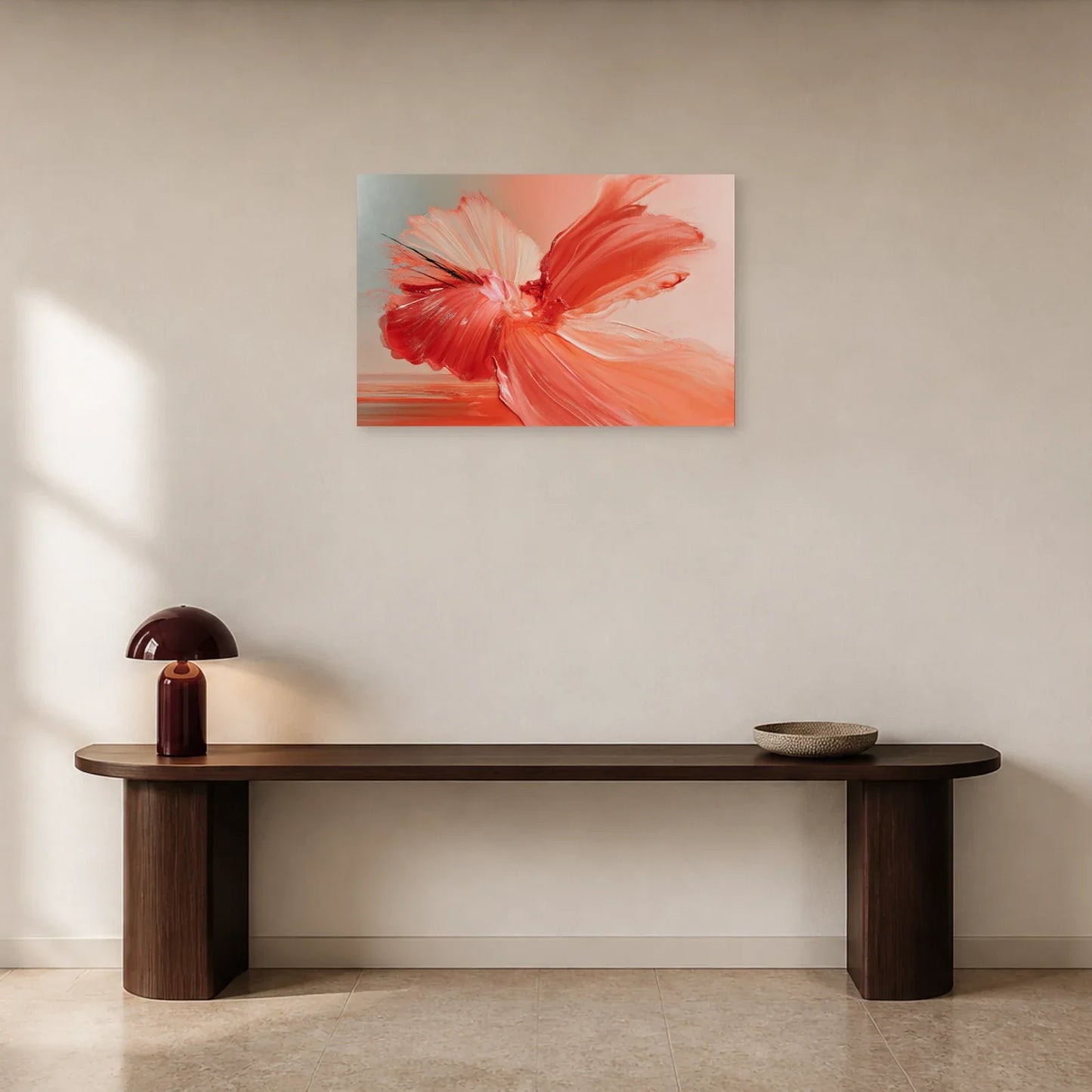 Tableau Rose Fuchsia Gestuel présenté dans une entrée - Art Virtuoso