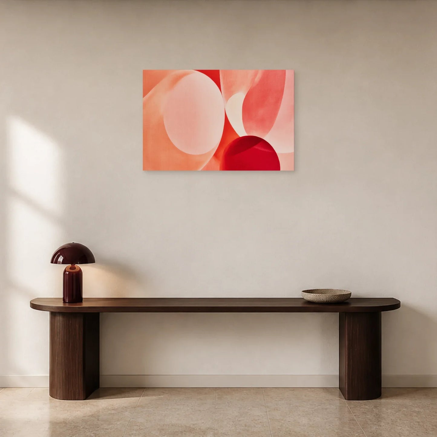 Tableau Rose Pâle et Blanc Organique présenté dans une entrée - Art Virtuoso