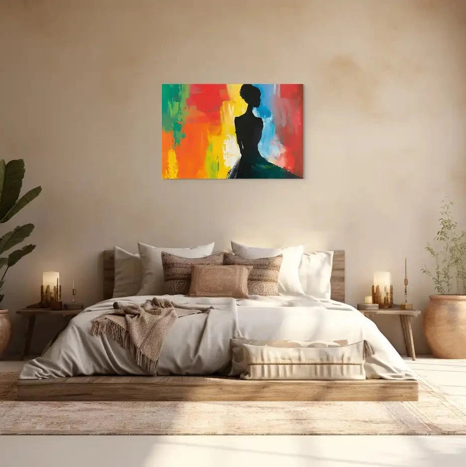 Tableau Silhouette Femme Abstrait - Fond Multicolore Art Virtuoso