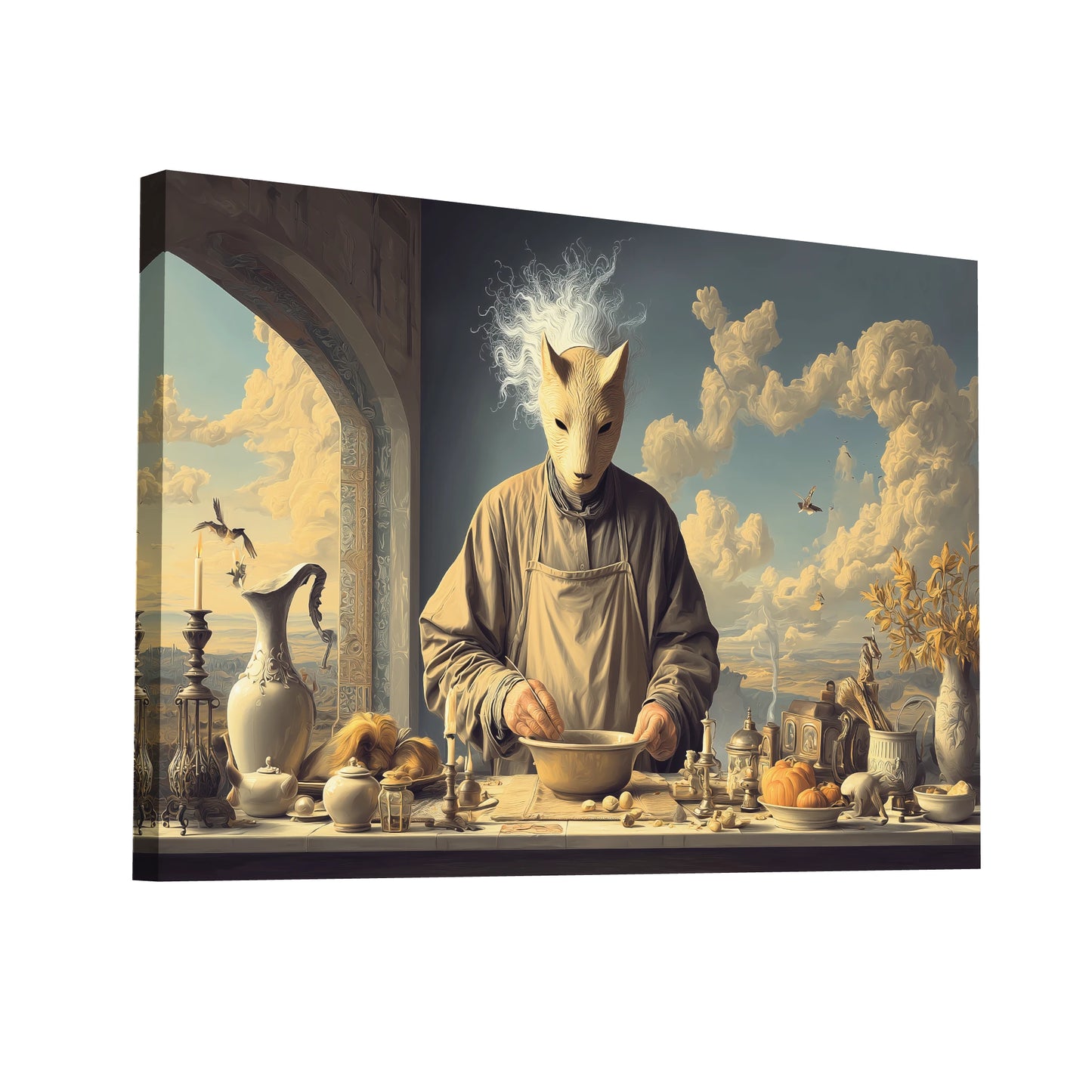Product Hero 3D WebP Tableau surréaliste - Alchimiste au Masque de Chat - Art Virtuoso