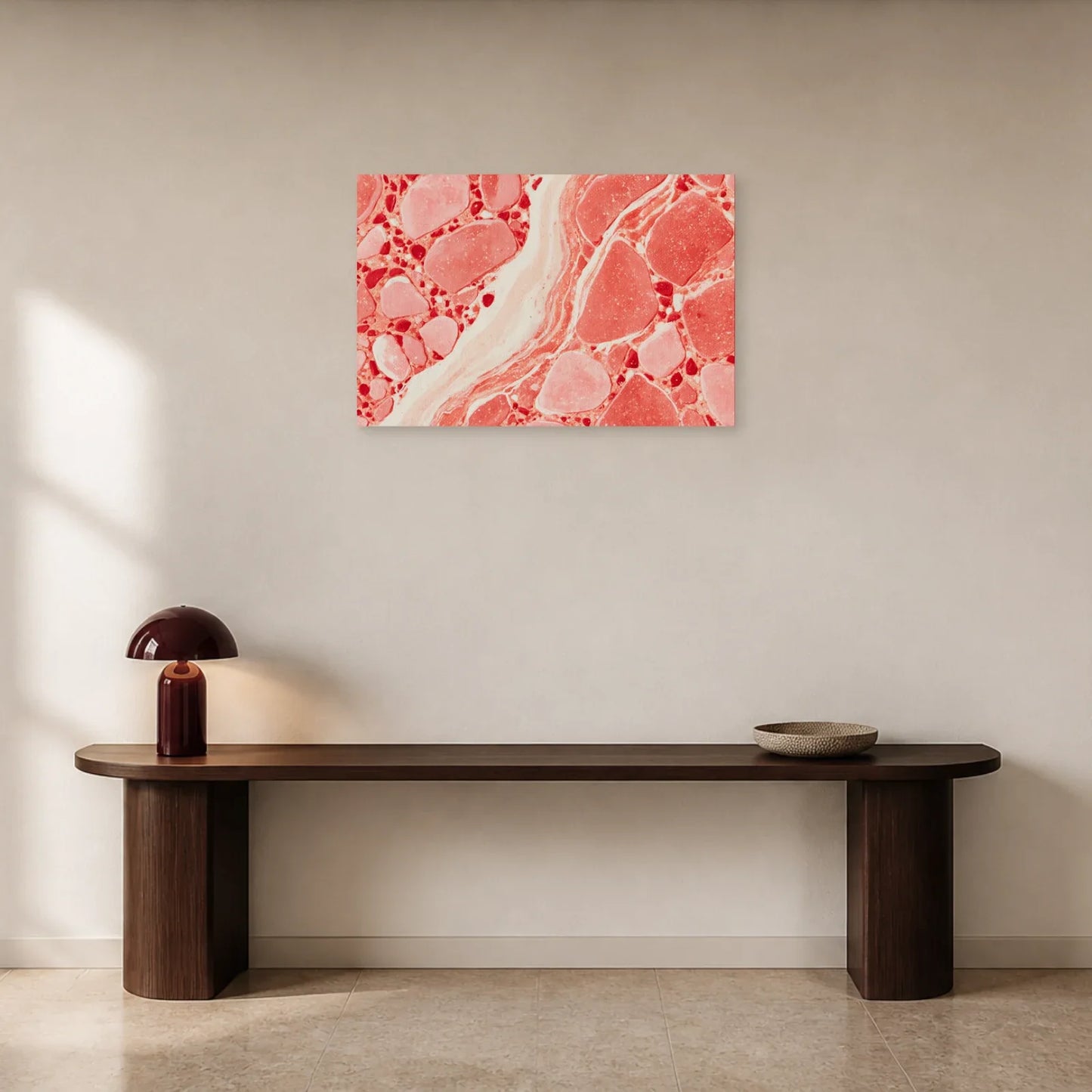 Tableau Terrazzo Rose présenté dans une entrée - Art Virtuoso