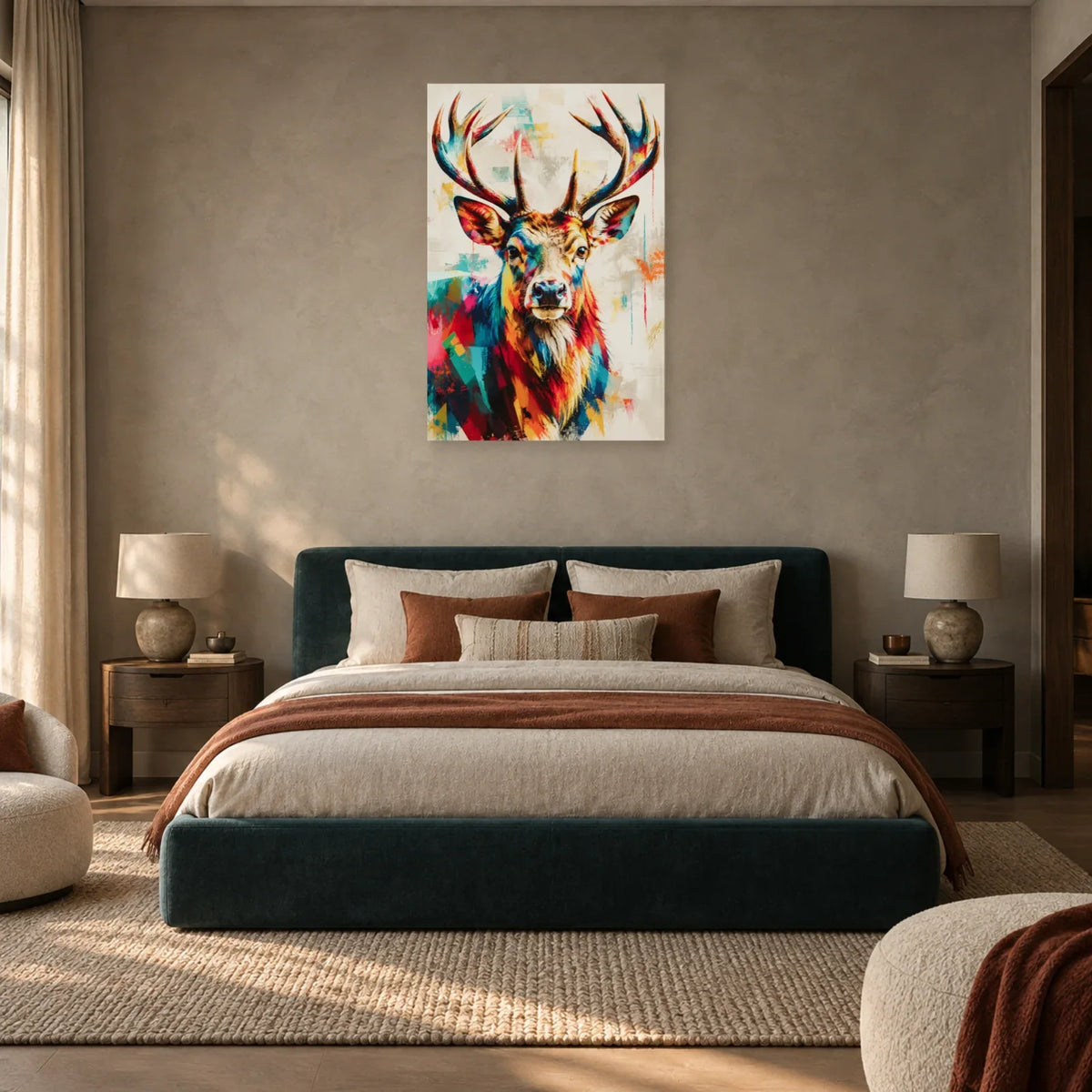 Tableau tête de cerf moderne – Ramure colorée dans une chambre - Art Virtuoso