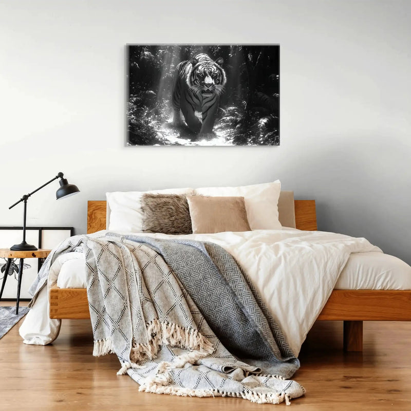 Black-and-white tiger walking on canvas