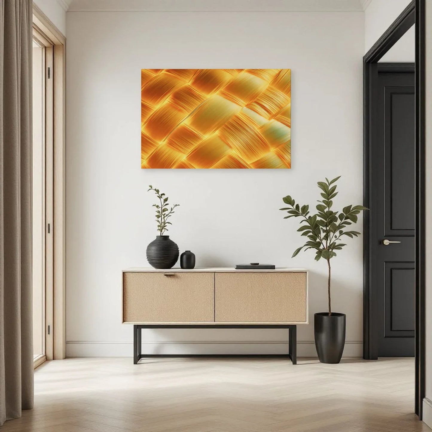Tableau jaune safran à bandes striées dans une entrée moderne Art Virtuoso