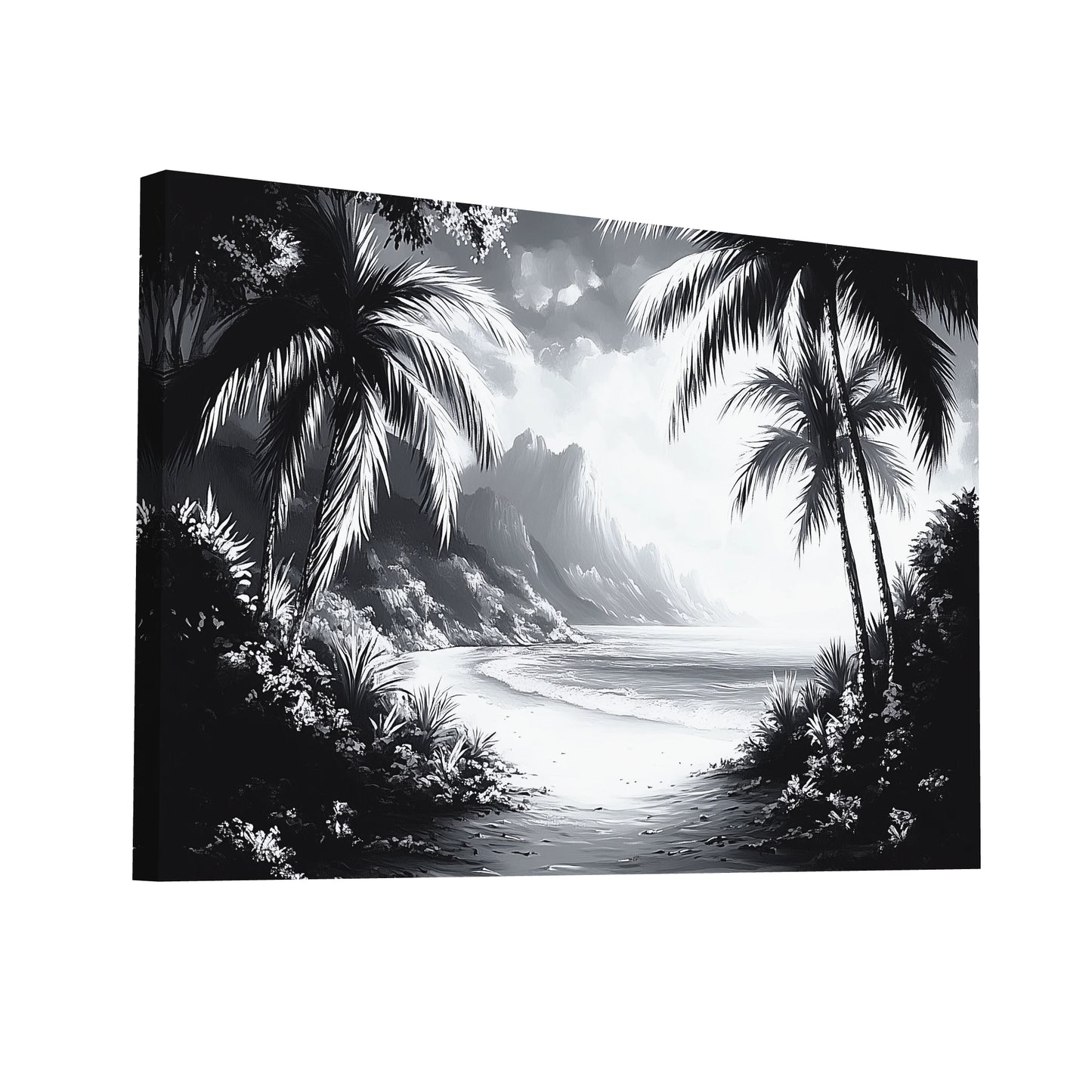 Product Hero 3D WebP Tableau Tropical Noir et Blanc : Hawaï Monochrome - Art Virtuoso