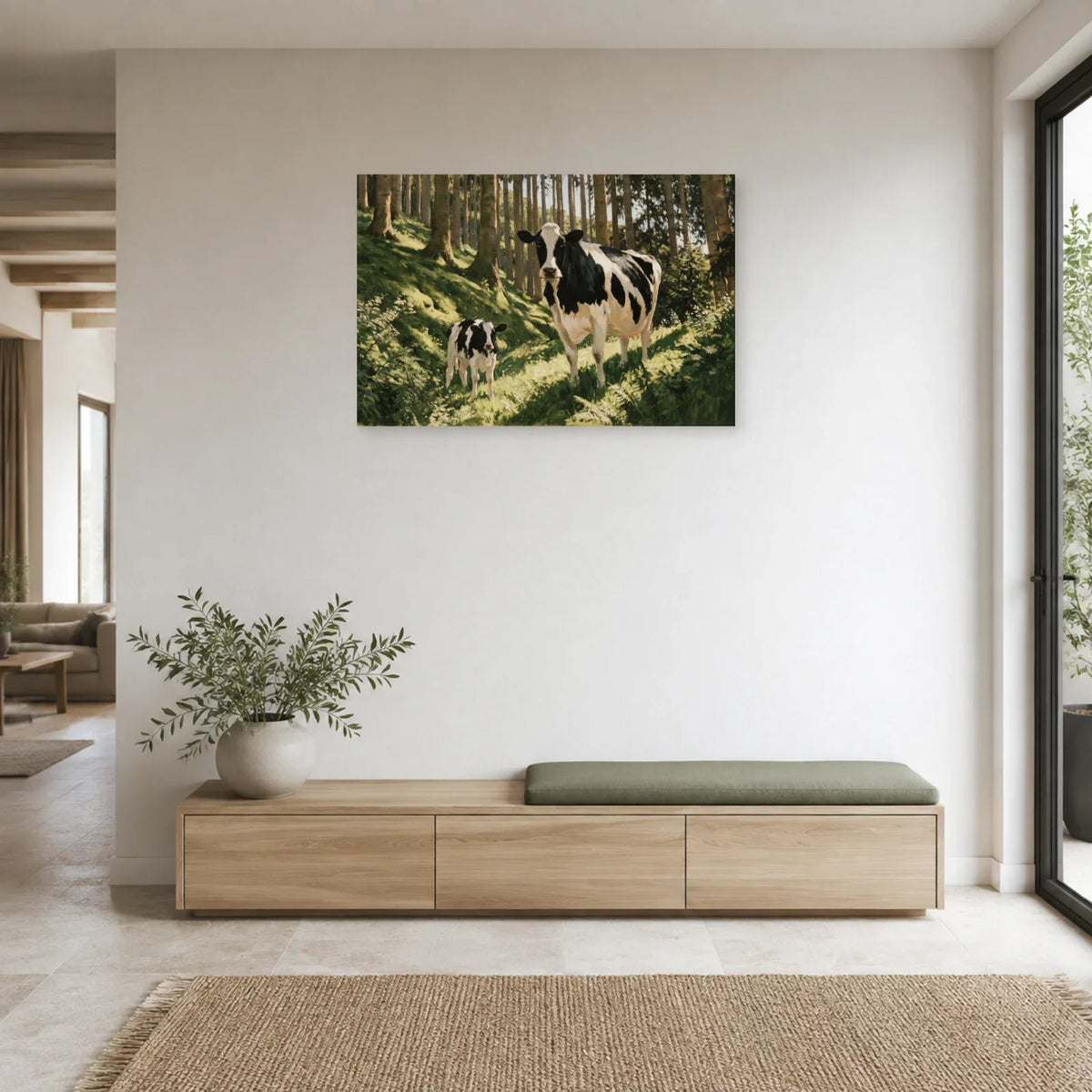 Tableau Vache et Veau dans les Bois présenté dans une entrée - Art Virtuoso