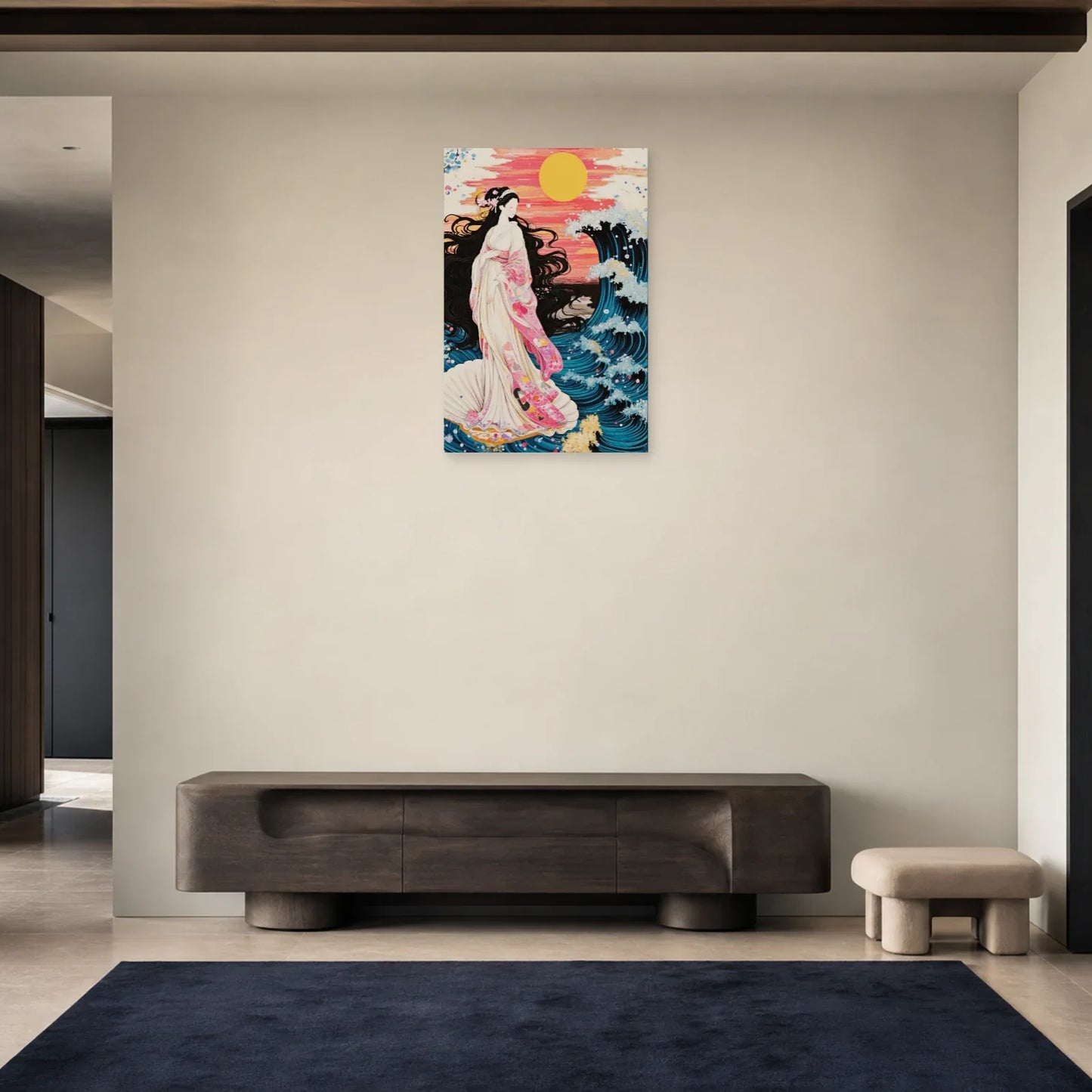 Tableau japonais à l'étoffe rose présenté dans une entrée