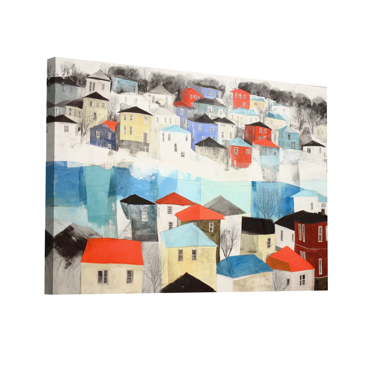 Product Hero 3D WebP Tableau Village Scandinave brumeux – Toits de feu dans la buée d’azur - Art Virtuoso