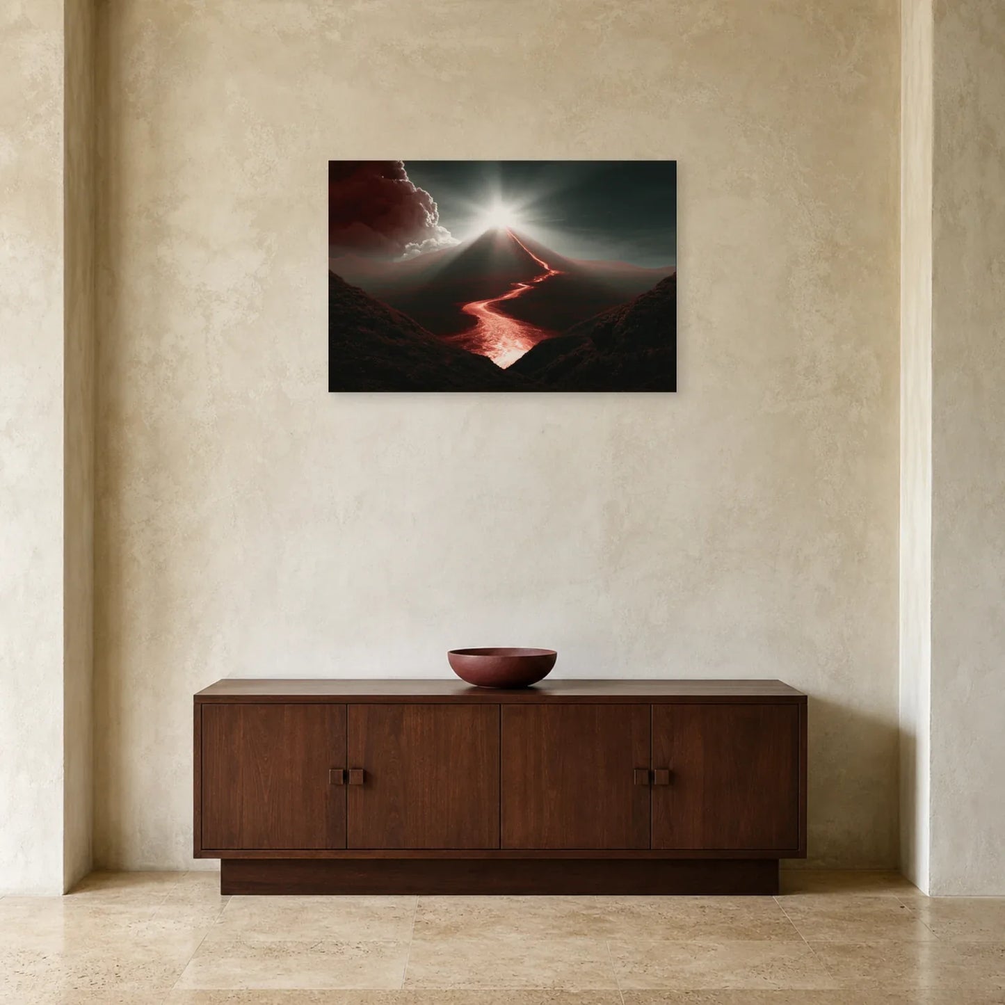 Tableau Volcan Rouge – Cratère Incandescent dans une entrée ou un couloir - Art Virtuoso