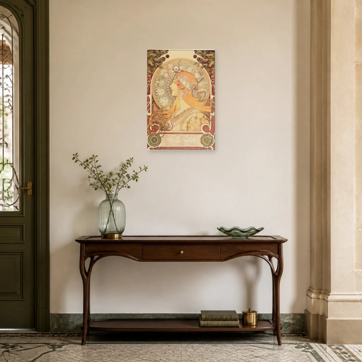 Tableau Zodiaque (La Plume) – Alphonse Mucha dans une entrée ou un couloir - Art Virtuoso
