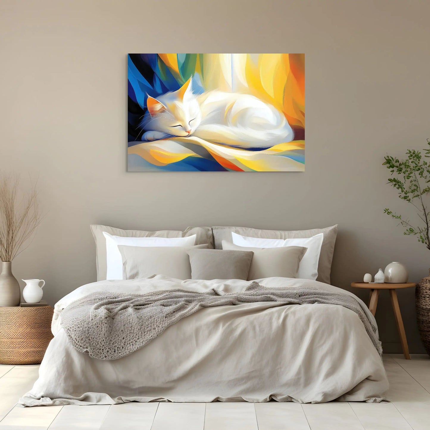 Tableau Chat Peinture - Rêverie en Blanc et Or Affiches, reproductions et œuvres graphiques Art Virtuoso