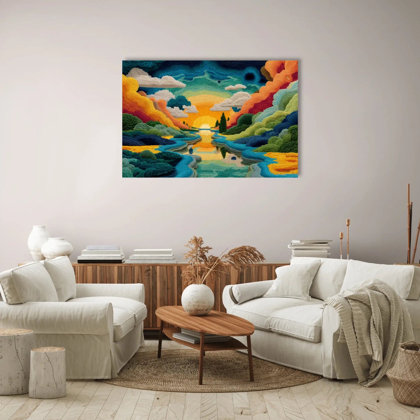 Tableau Contemporain Couleurs Vives - Paysage Brodé