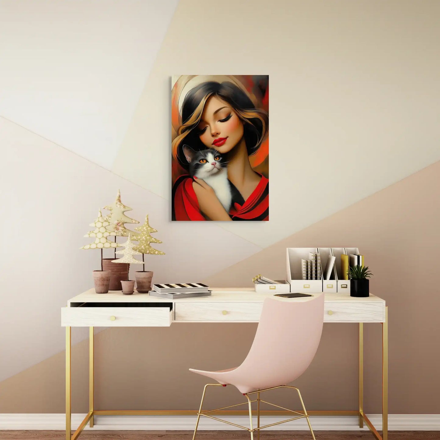 Tableau Femme avec Chat - Complicité en Rouge Affiches, reproductions et œuvres graphiques Art Virtuoso