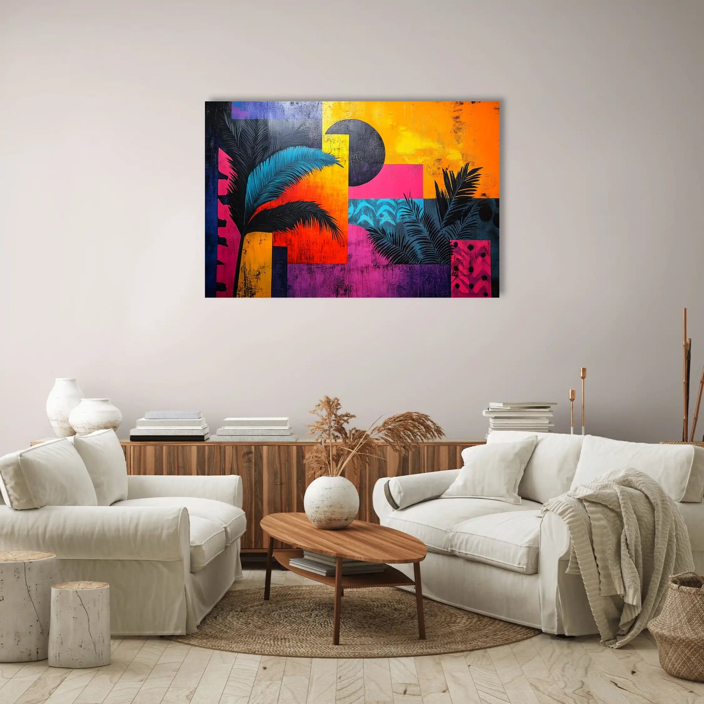 Tableau Fluo Tropical : Oasis Géométrique