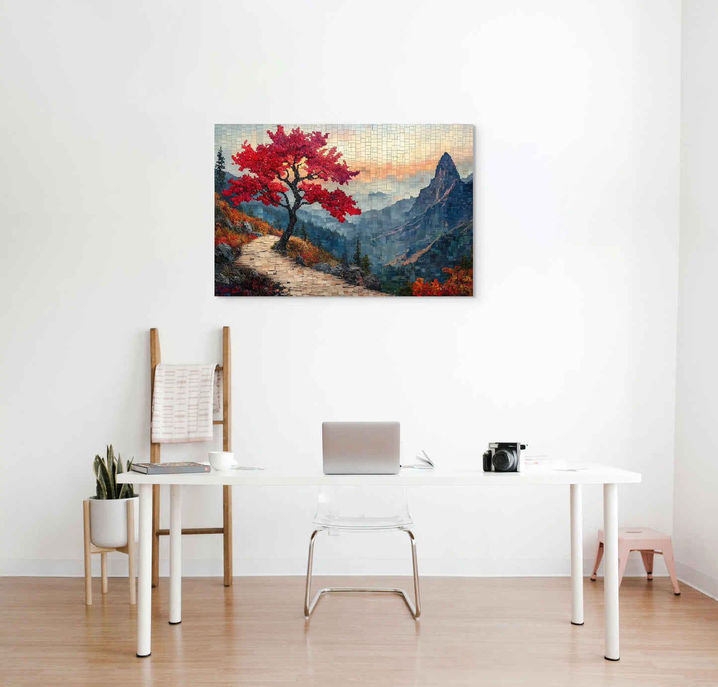 photo toile mosaique la promenade detail zoom texture rouge contemporain arbre montagne sentier impression premium