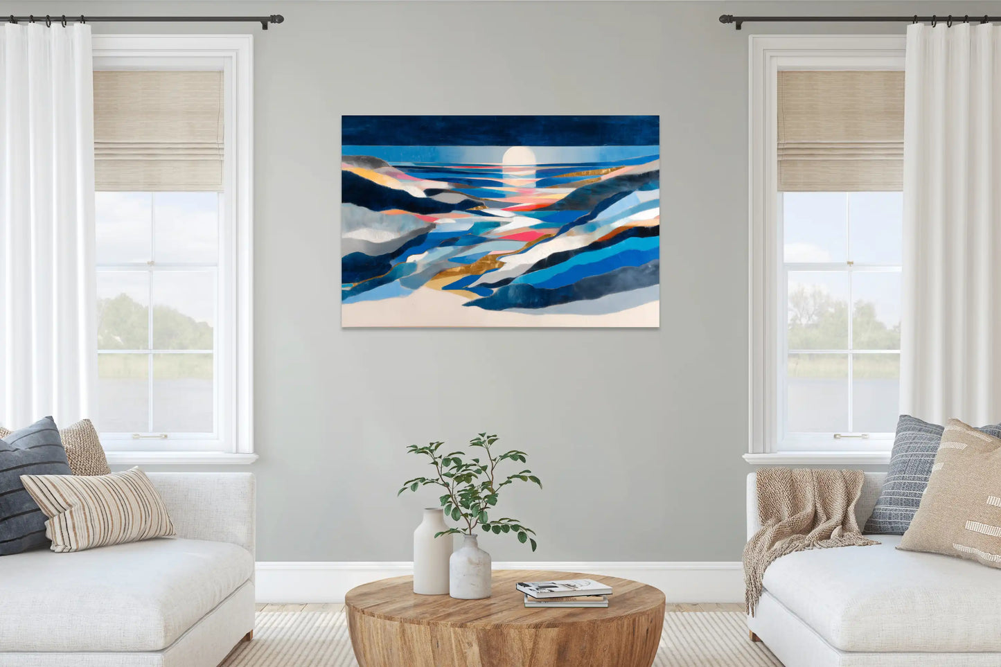 Tableau paysage scandinave – fjord lunaire, strates cobalt et lueurs dorées