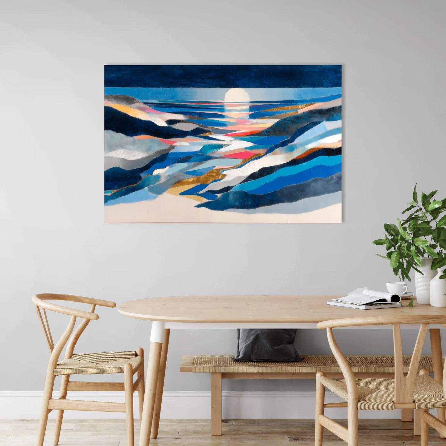 Tableau paysage scandinave – fjord lunaire, strates cobalt et lueurs dorées