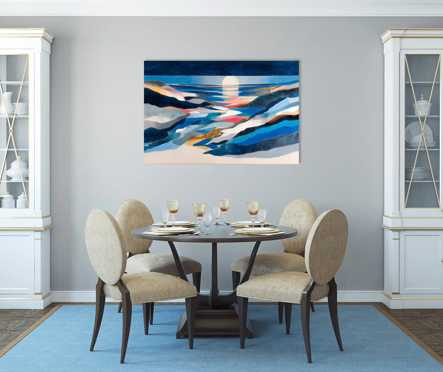 Tableau paysage scandinave – fjord lunaire, strates cobalt et lueurs dorées