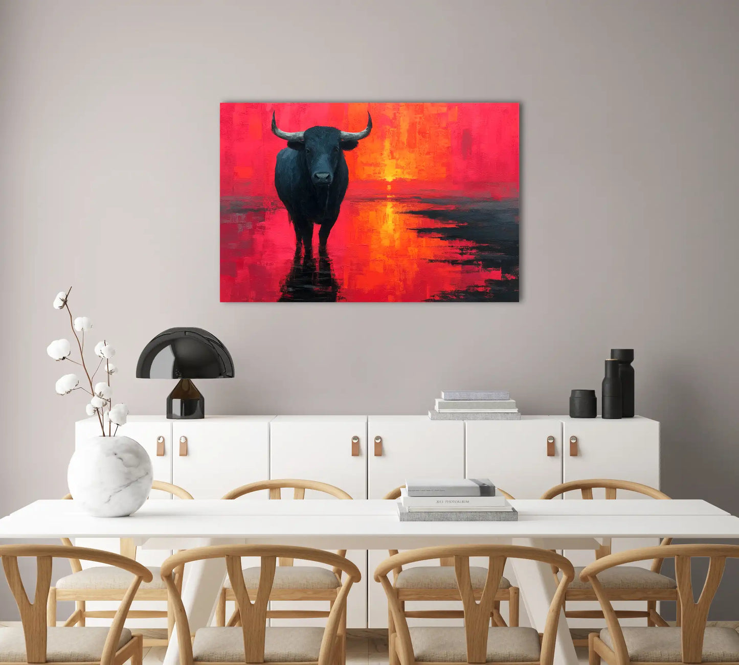 Tableau Taureau Camargue : Crépuscule Flamboyant
