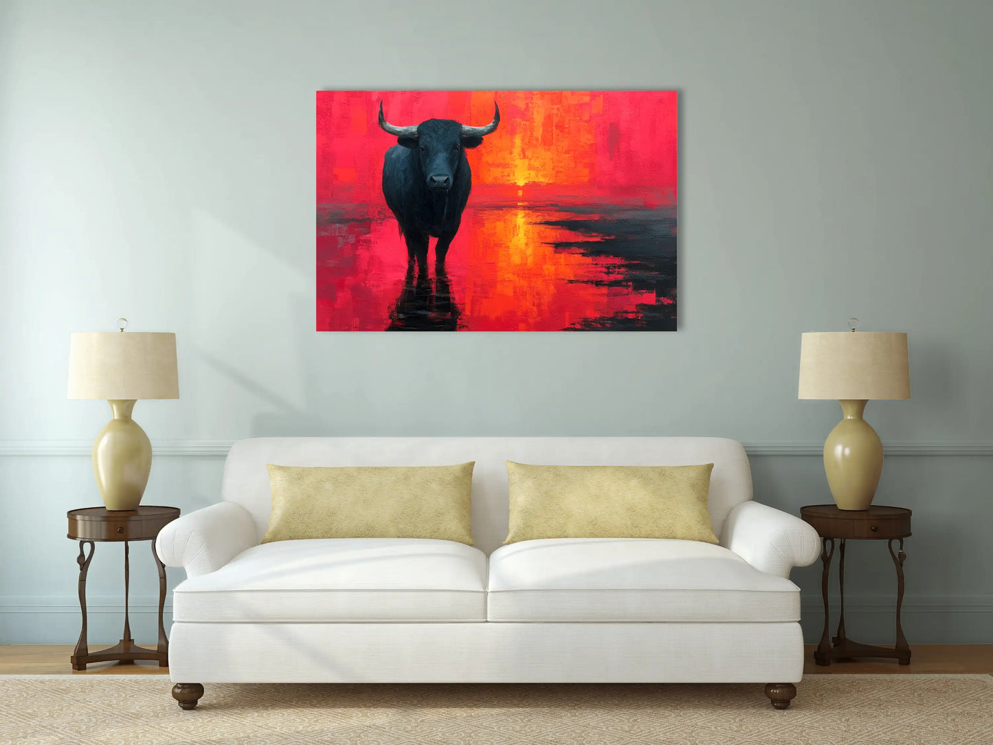 Tableau Taureau Camargue : Crépuscule Flamboyant